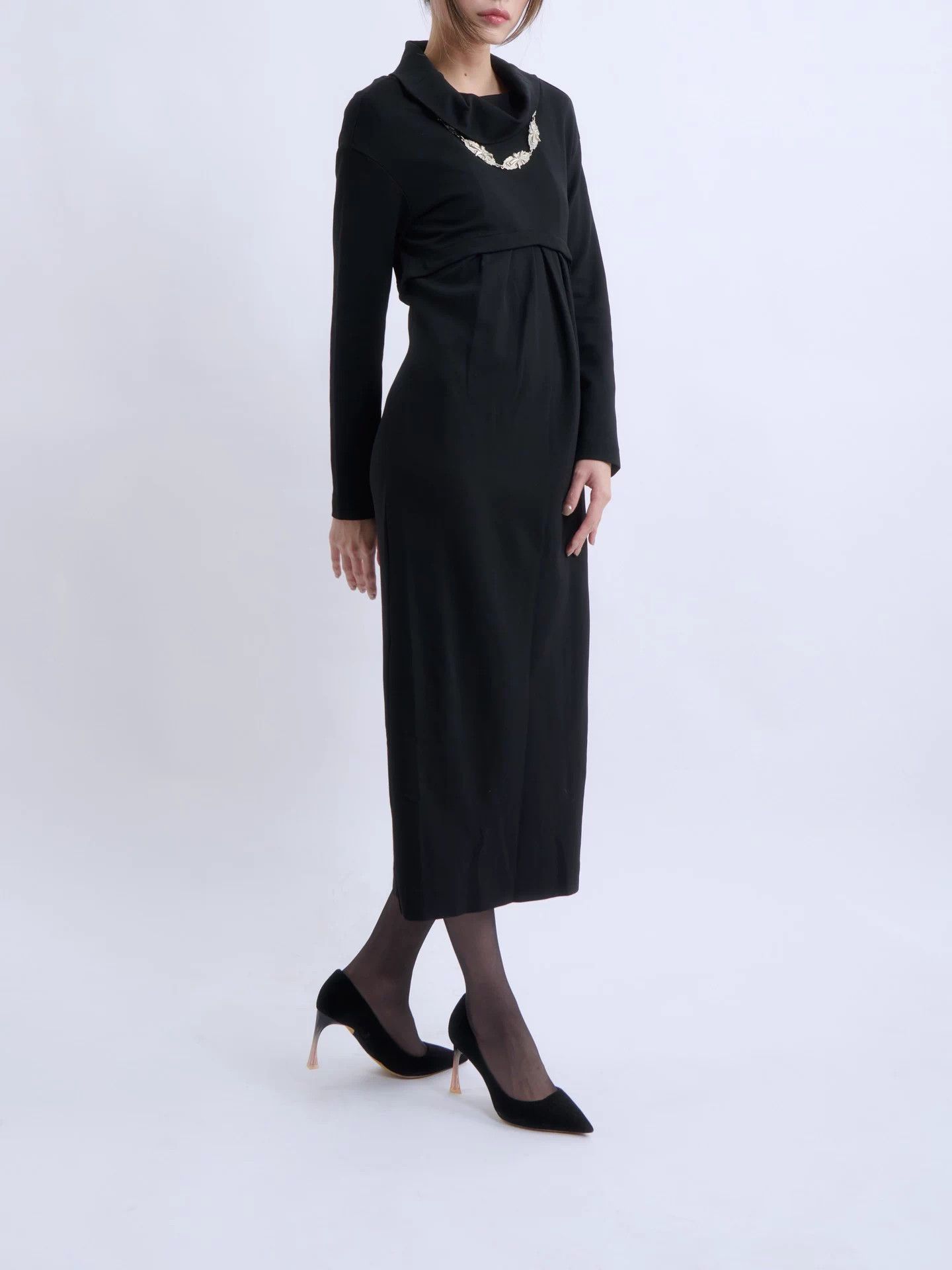 ROMEO GIGLI 90s Black Draped Neck Midi Dress 9AT