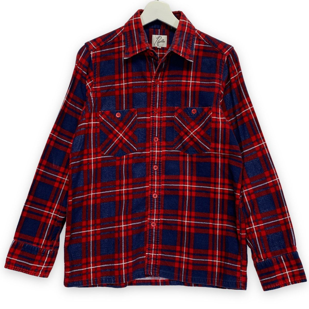 Image of Needles Flannel Button Down Shirt in Navy/Red, Men's (Size Small)