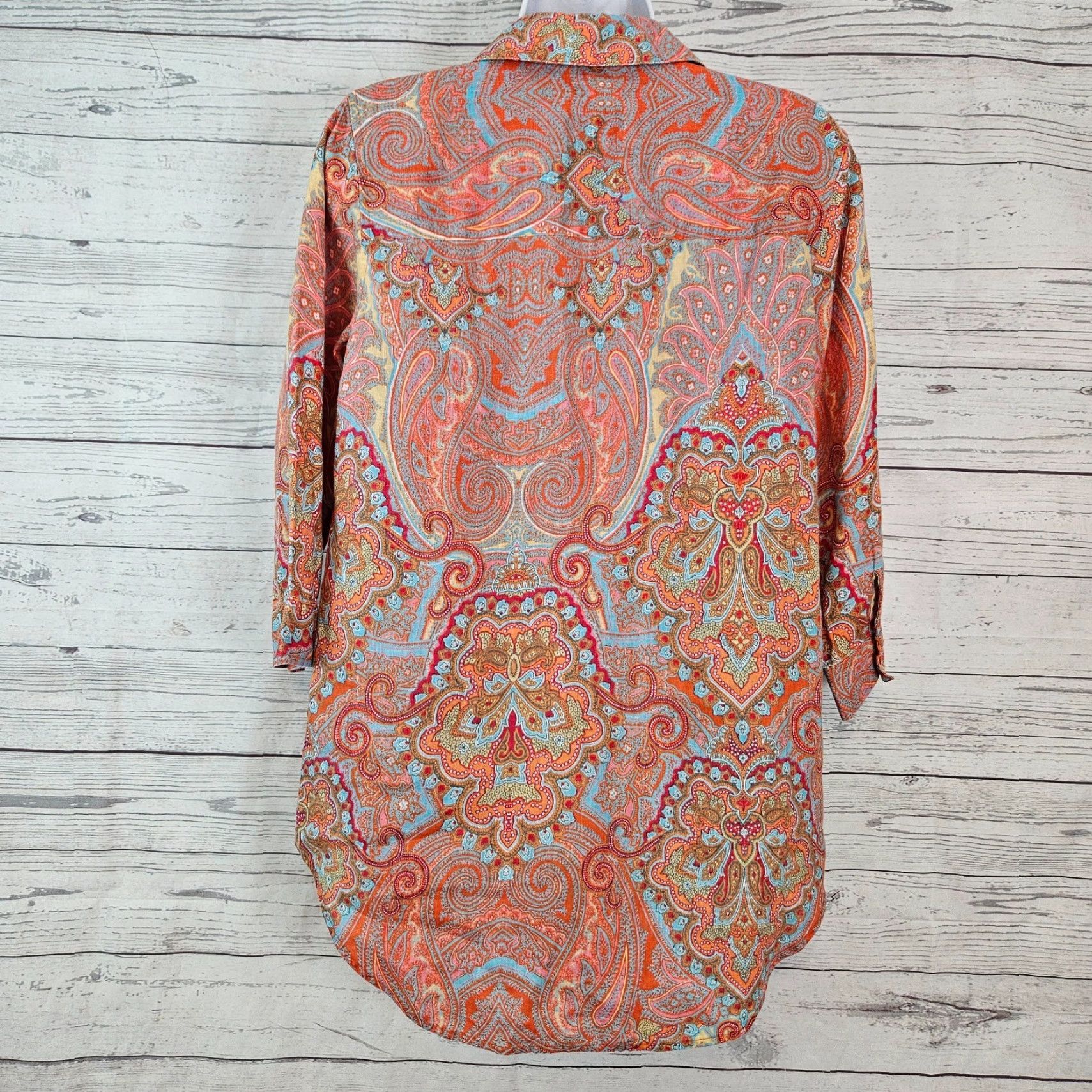 Vintage Chico's Womens Button-Up Linen Top Sz Small Orange Blue Paisley Shirt Adult Womens 3/4 Sleeve No Iron Button Up Collared Basic Spring Summer Size S / US 4 / IT 40 - 3 Thumbnail
