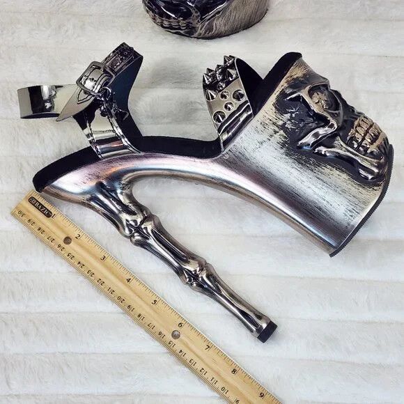 Other Rapture Silver Pewter Spike Skull & Bones 8" High Heel Platf Size US 7 / IT 37 - 8 Thumbnail