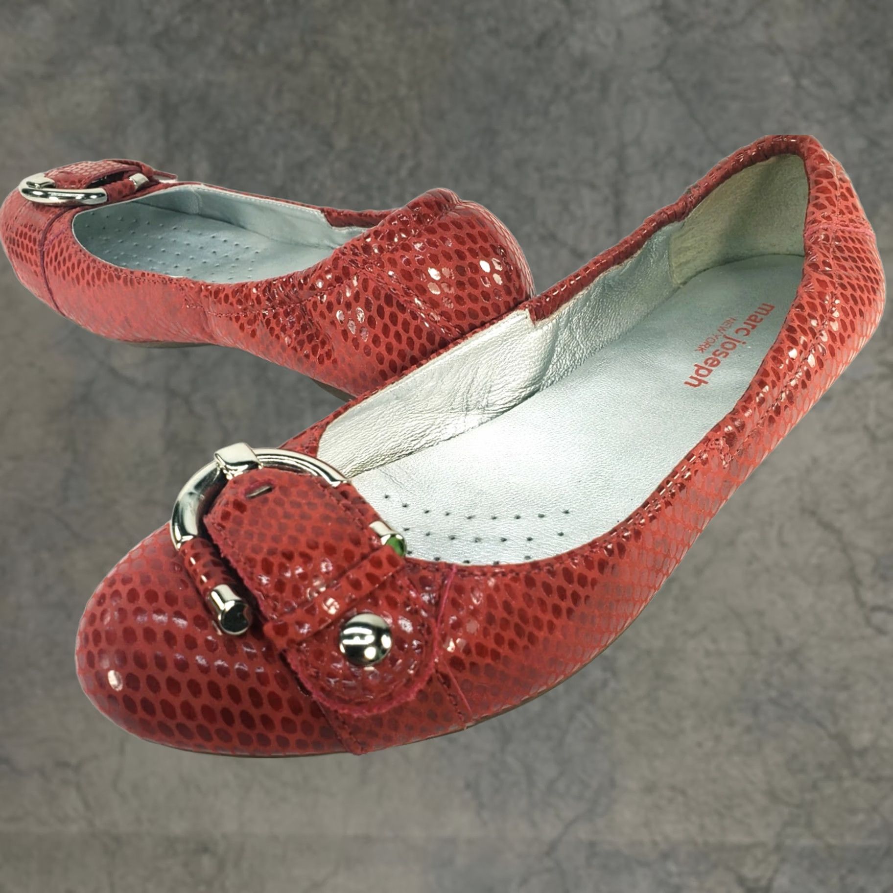 Vintage Marc Joseph Women's Red Rockaway Ballet Flats Leather Reptile Print Slip-On 7M Size US 7 / IT 37 - 1 Thumbnail