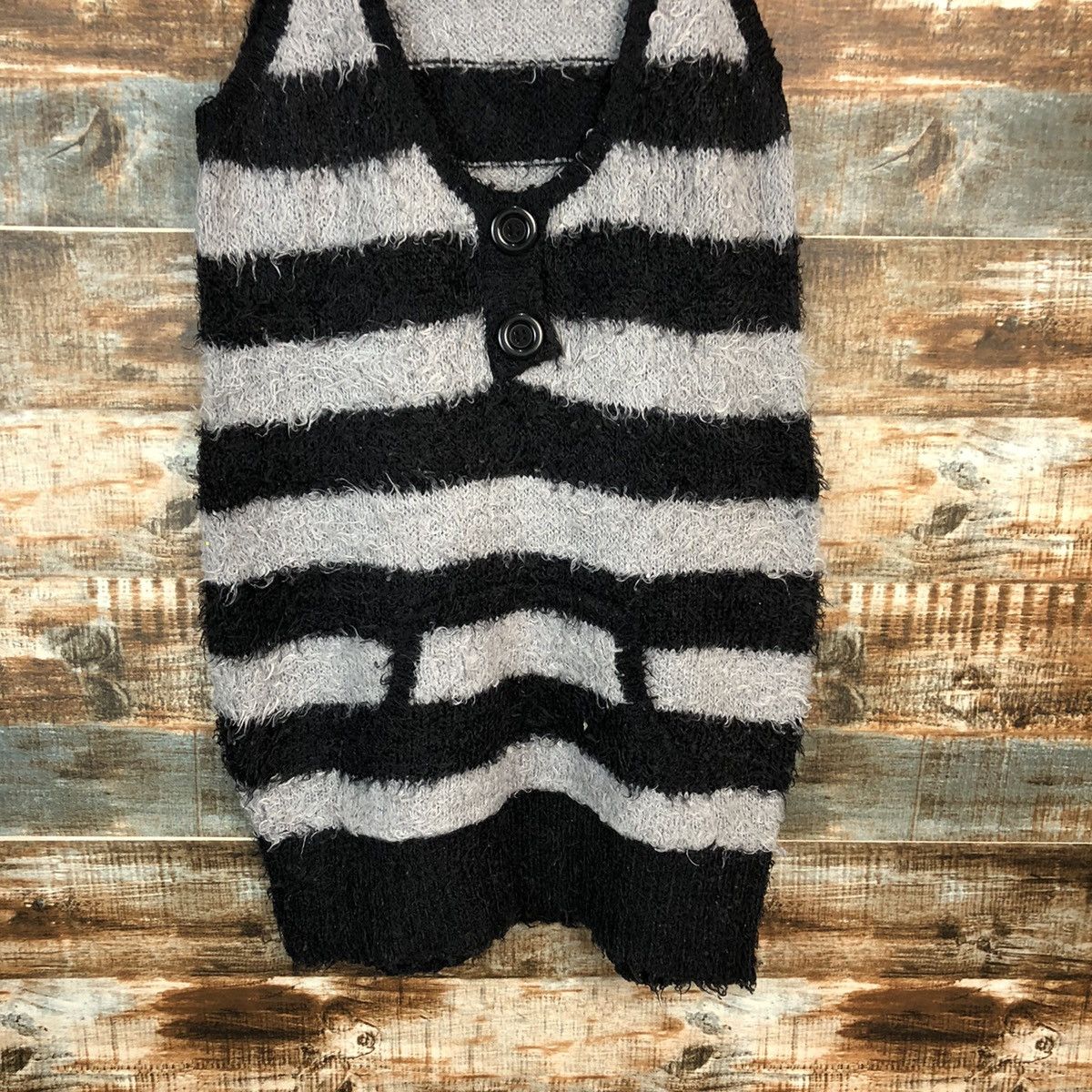 Japanese Brand CSL Stripe Grey fur mohair Black Vest Knitwear #A1609 Size L / US 10 / IT 46 - 6 Thumbnail