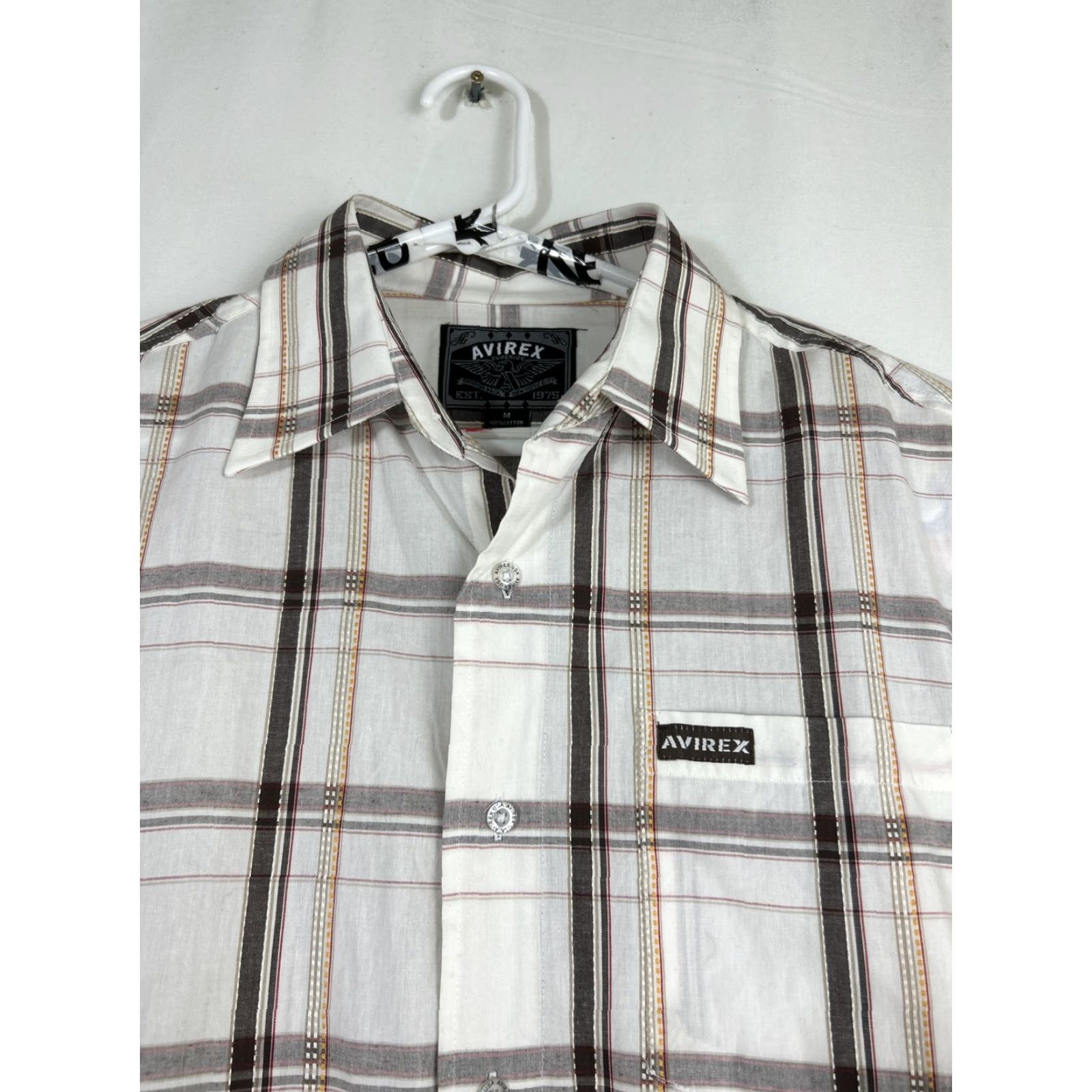 Avirex VINTAGE Avirex Shirt Mens M Button-Up Short Sleeve Brown White Plaid 100% Cotton Striped Size US M / EU 48-50 / 2 - 3 Thumbnail