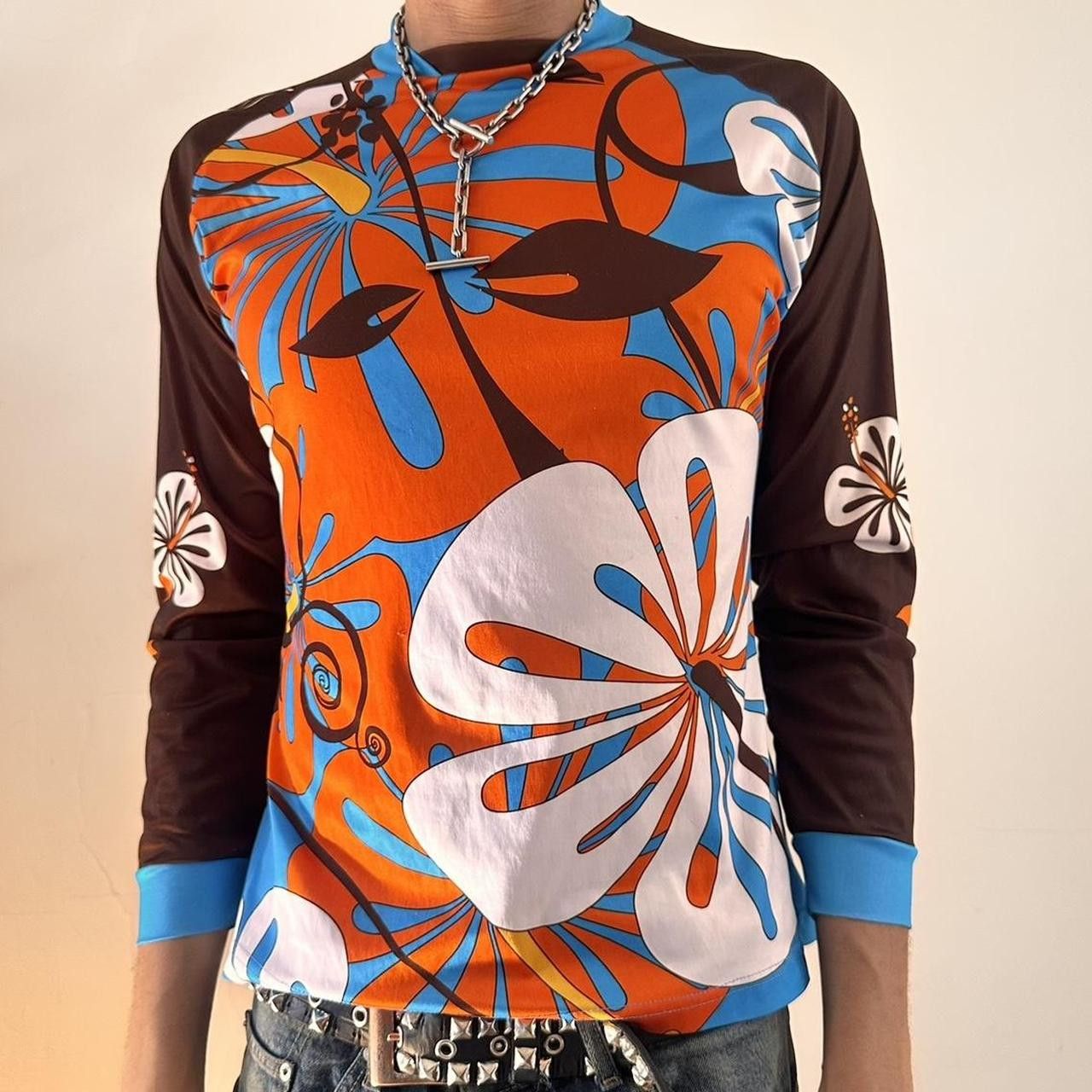 Other Vintage 70s Style Orange Hibiscus Floral Jersey - Medium Size US M / EU 48-50 / 2 - 1 Thumbnail