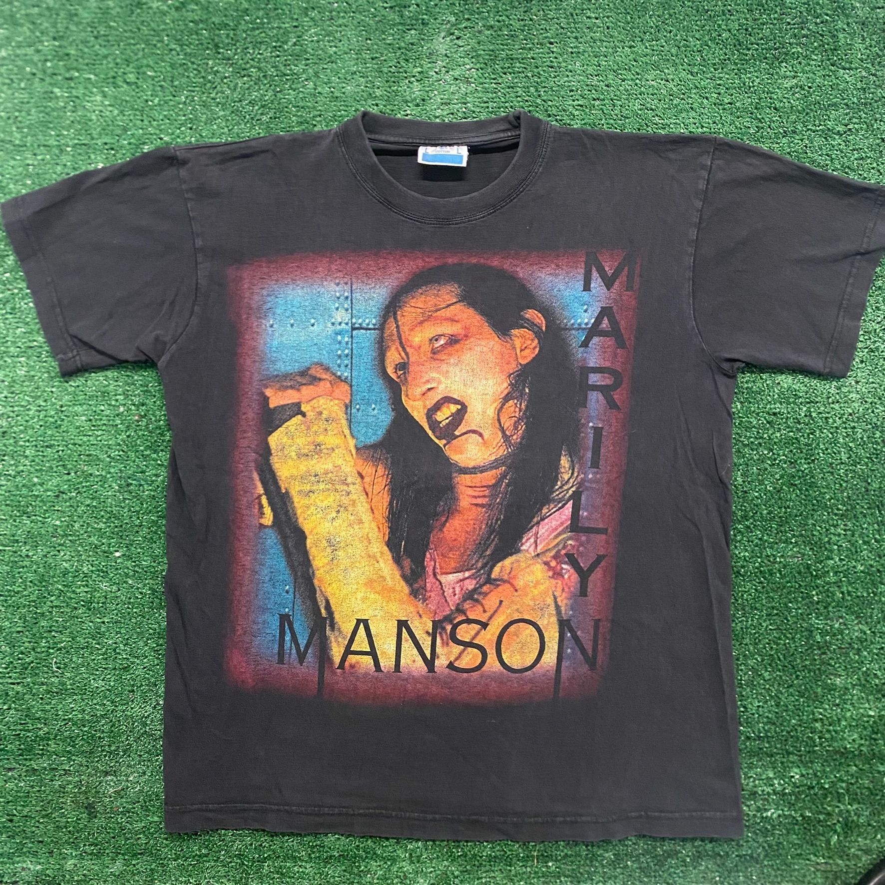 image of Band Tees x Marilyn Manson Vintage 90's Marilyn Manson Shirt Faded Goth Metal Band Tee in Black (Si
