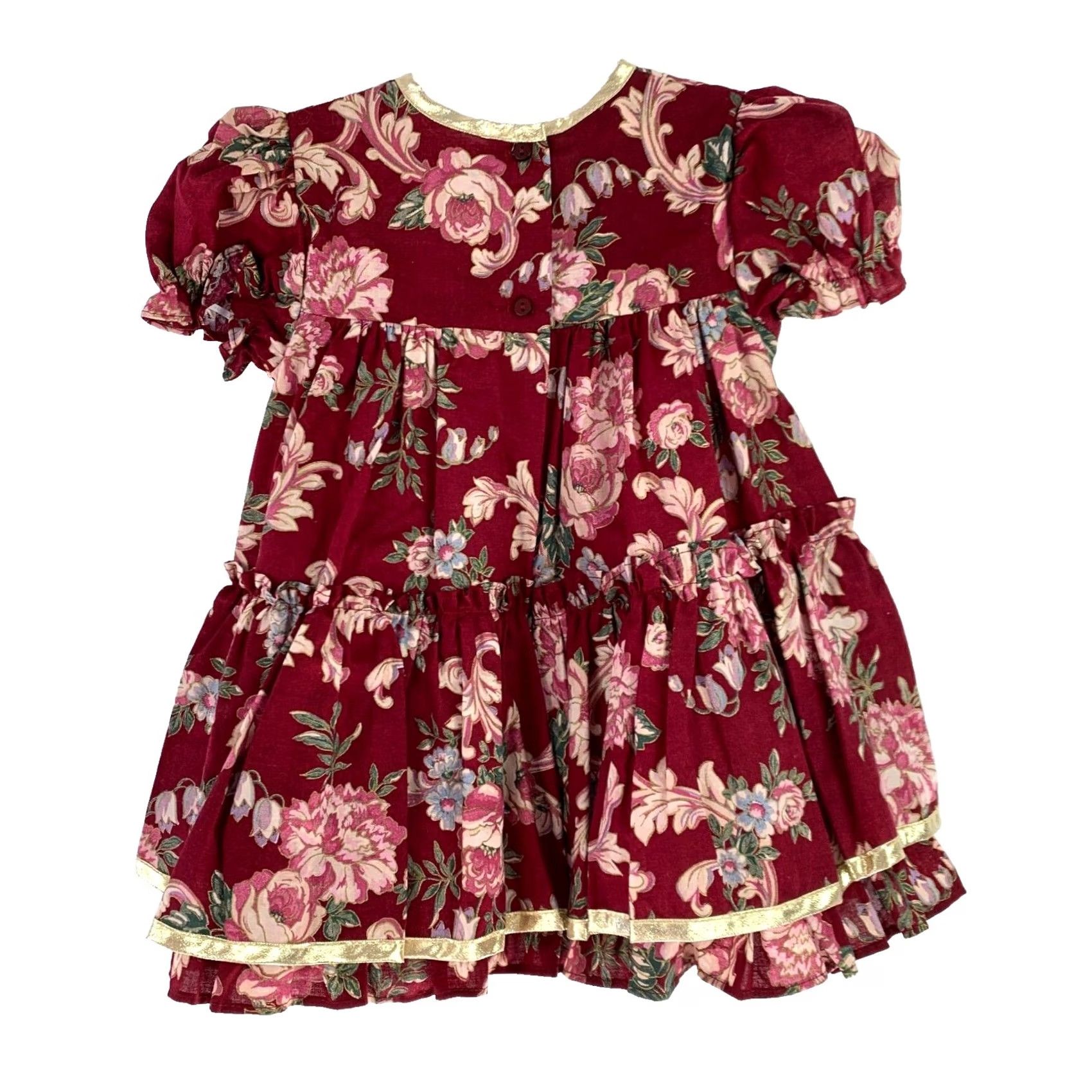 Vintage VINTAGE Jo Lene Burgundy Floral Metallic Gold Dress Girls 24 Months 1990s Size ONE SIZE - 3 Thumbnail