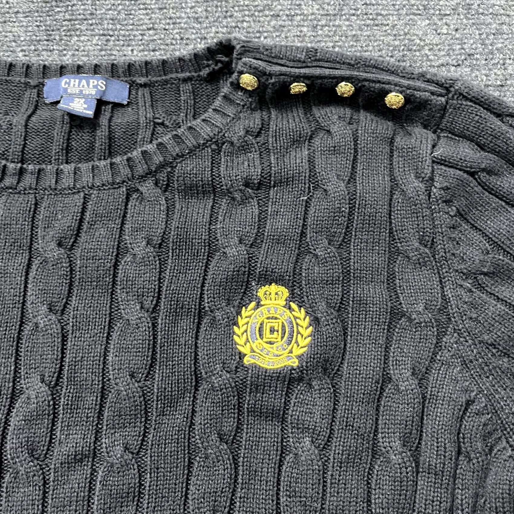 Chaps Chaps Sweater Womens 2X Black Cable Knit Embroidered Crest Shoulder Buttons Pullover Crew Neck Long Sleeve Knit 100% Cotton Womens NS Size XXL / US 16-18 / IT 52-54 - 2 Thumbnail