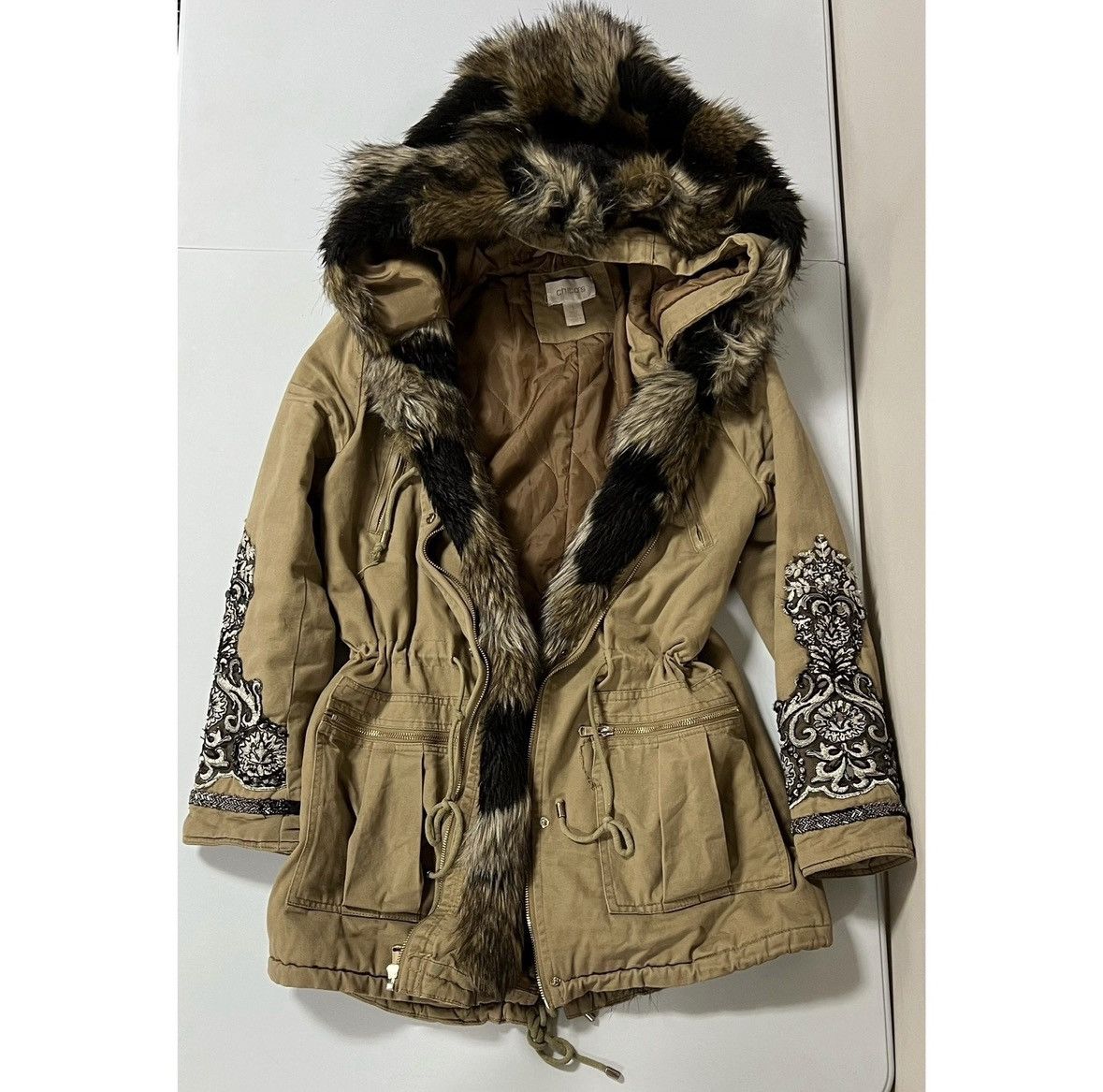 Chicos Chicos Tan Brown Fur Y2K Embroidered Jacket Coat Size 1 🤎✨ Size XS / US 0-2 / IT 36-38 - 4 Thumbnail