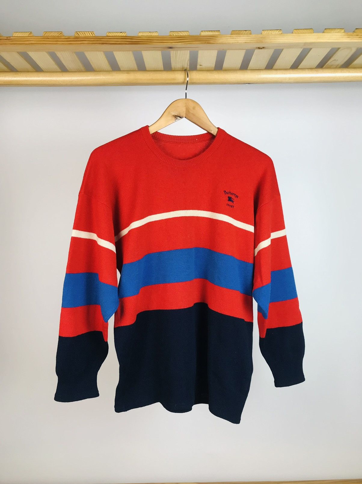 image of Burberry Sport Knit Sweater Red Navy Blue Border Ladies in Blue/Red, Women's (Size Medium)