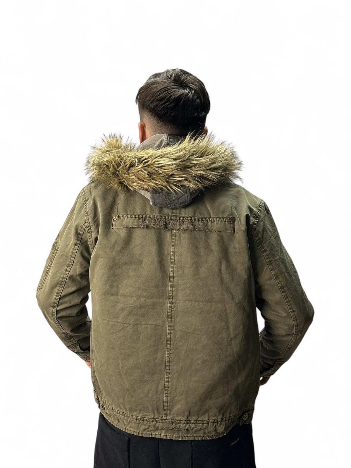 Le Grande Bleu (L.G.B.) Vintage Army Green Fur Hood Jacket Y2K faded Military Style Size US M / EU 48-50 / 2 - 16 Thumbnail