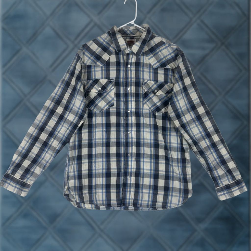 Levi's Levis Pearl Snap Western Shirt Mens L Blue Plaid Long Sleeve Modern Fit L/S Size US L / EU 52-54 / 3 - 1 Thumbnail