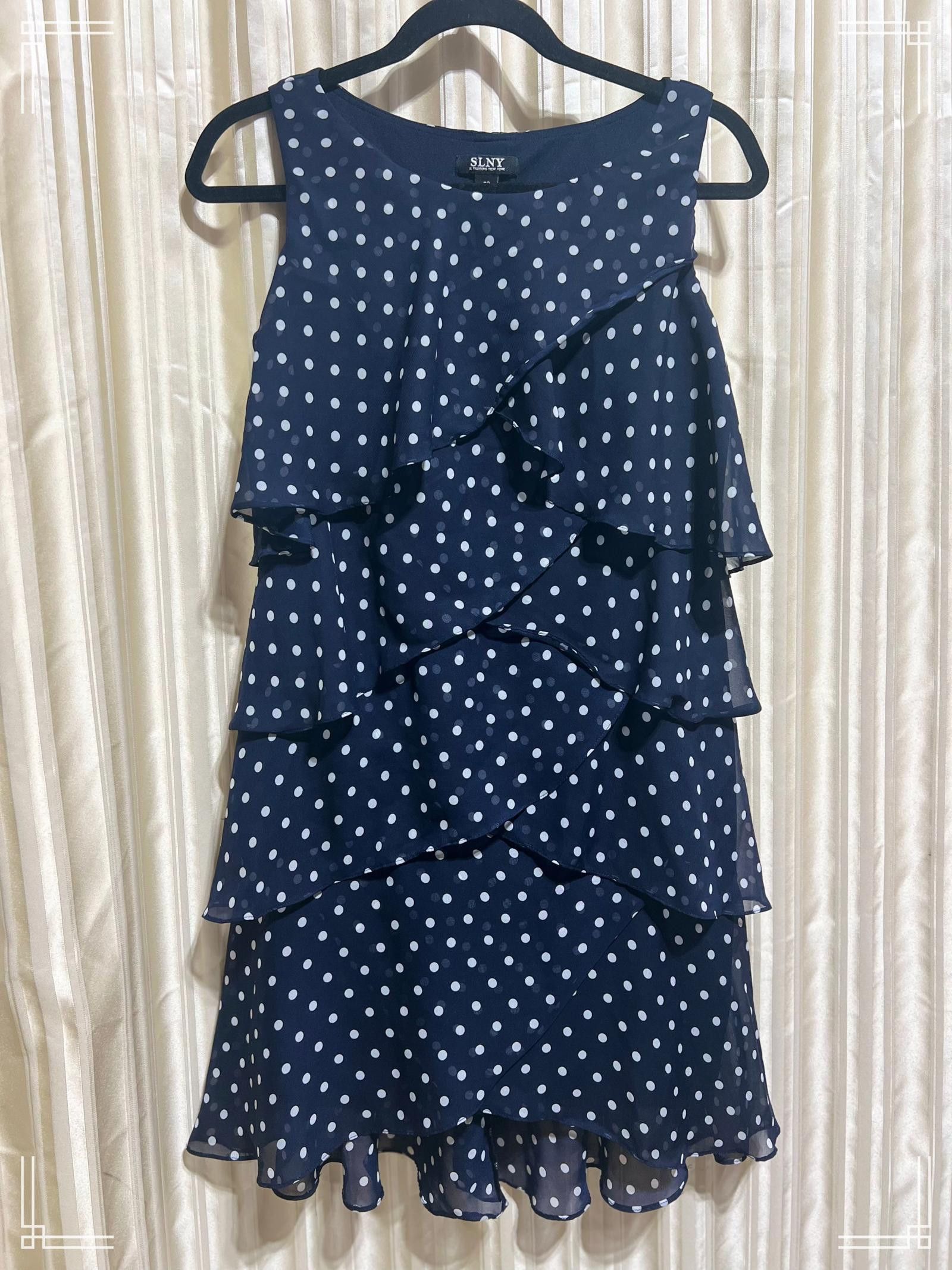 Designer SLNY Women's Navy Blue Layered Polka Dot Chiffon Dress - L Size L / US 10 / IT 46 - 1 Thumbnail