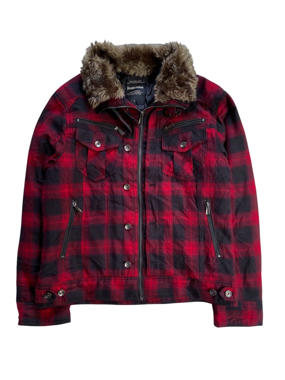 Japanese Brand DOUBLE DOCUS PLAID FAUX FUR ZIP JACKET Size US M / EU 48-50 / 2 - 1 Thumbnail