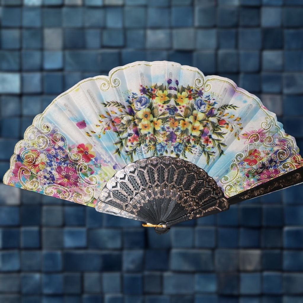Vintage VINTAGE Hand Fan with Flowers White Small Adults 16-inch Decorative Collectible Size ONE SIZE - 1 Thumbnail