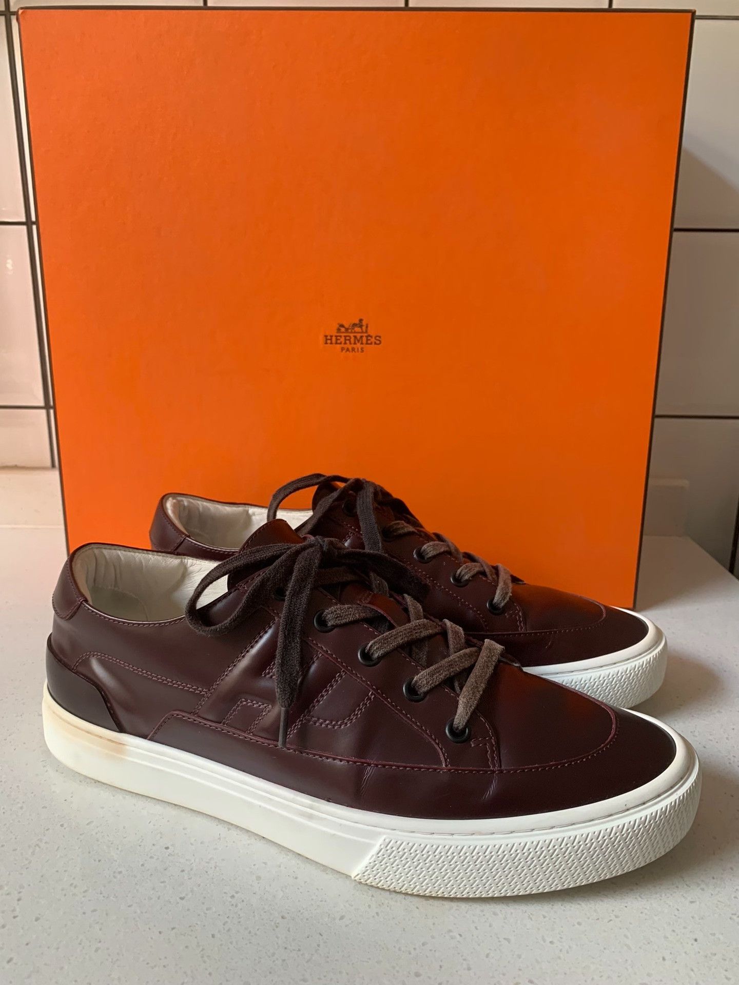 Hermes Hermes Burgundy H Leather Sneakers Size US 9 / EU 42 - 1 Thumbnail