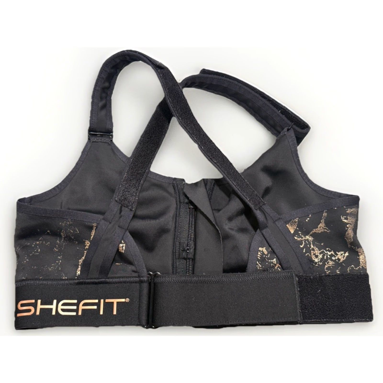 Vintage SHEFIT Flex High Impact Sports Bra Zip Front Black Gold Adjustable 110003 Sz M Size ONE SIZE - 5 Thumbnail