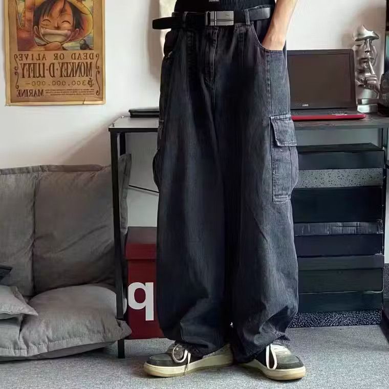 image of Vintage Baggy Jeans Trousers Male Denim Wide Leg Pants in Black, Men's (Size 32)