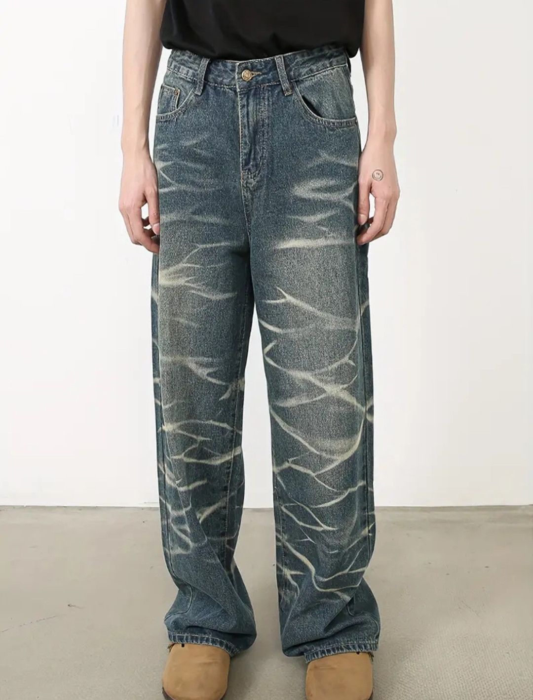 Retro Loose Straight Leg Wave Fade Denim Jeans