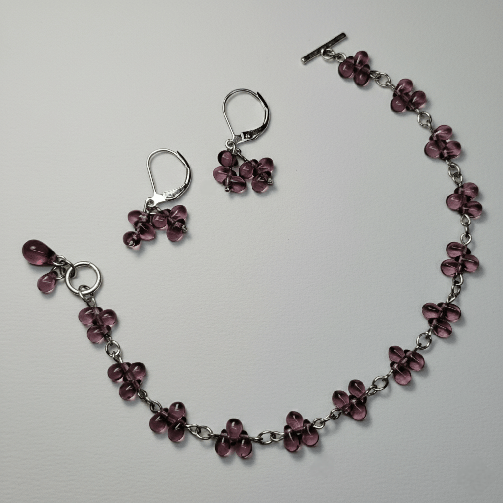 Other Bracelet & Earrings NEW Rhodium Plated Purple Glass Teardrop Size ONE SIZE - 4 Thumbnail