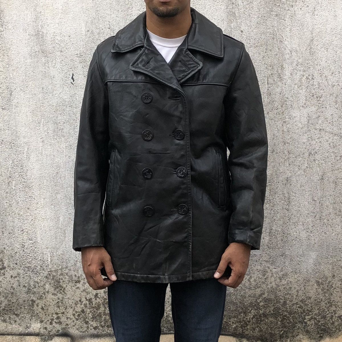 Store Vintage Schott Leather Black Pea Coat Excellent Condition