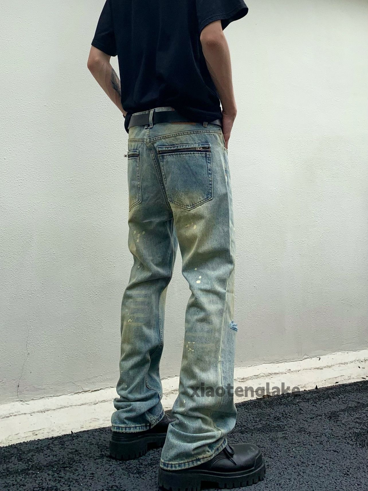 washed faded rusty paint flared punk grunge jeans