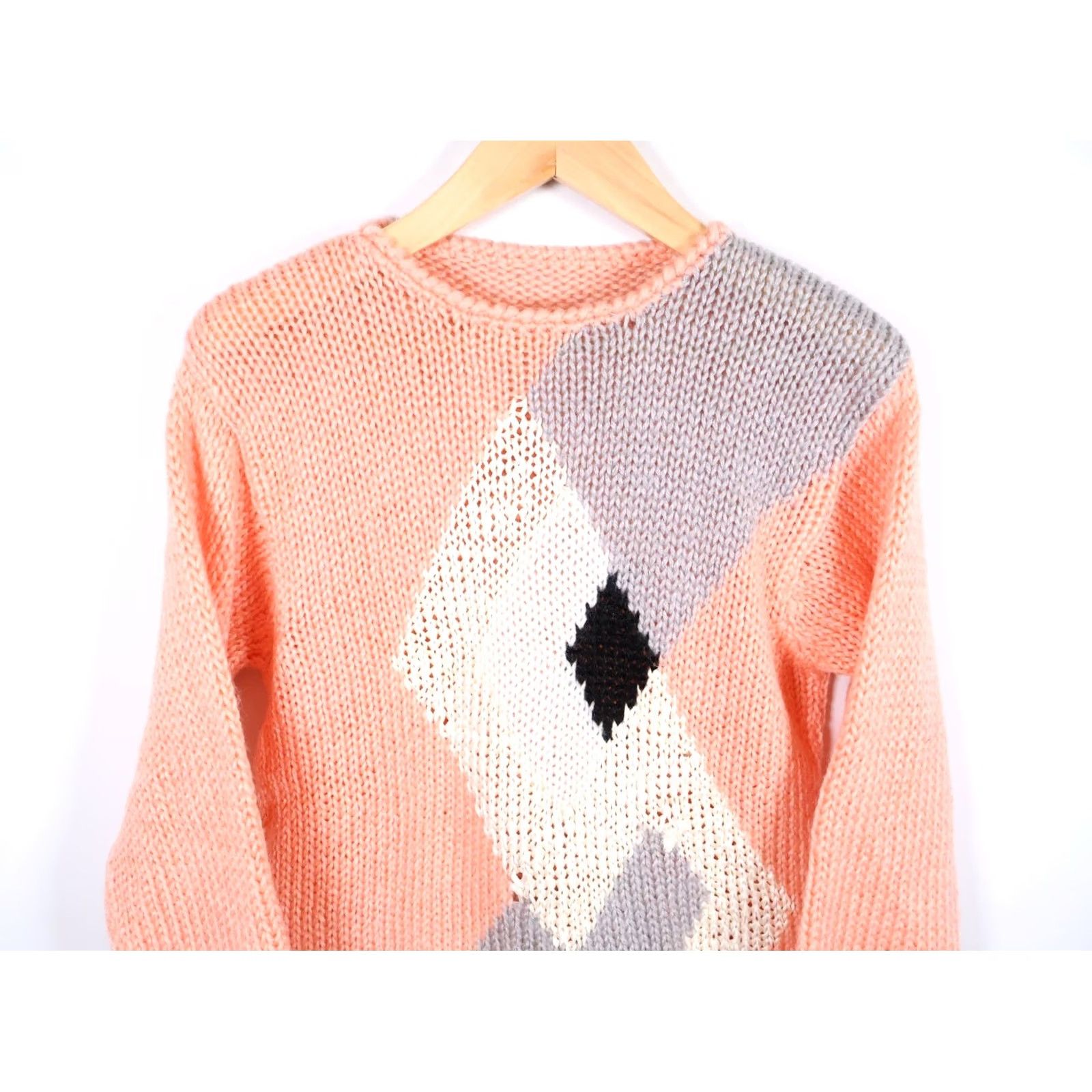 Pinko VINTAGE 80s Chunky Knit Sweater Women's Medium Pink Gray Geometric Acrylic VTG Pullover Crew Neck Casual Hipster Retro Womens Size S / US 4 / IT 40 - 3 Thumbnail