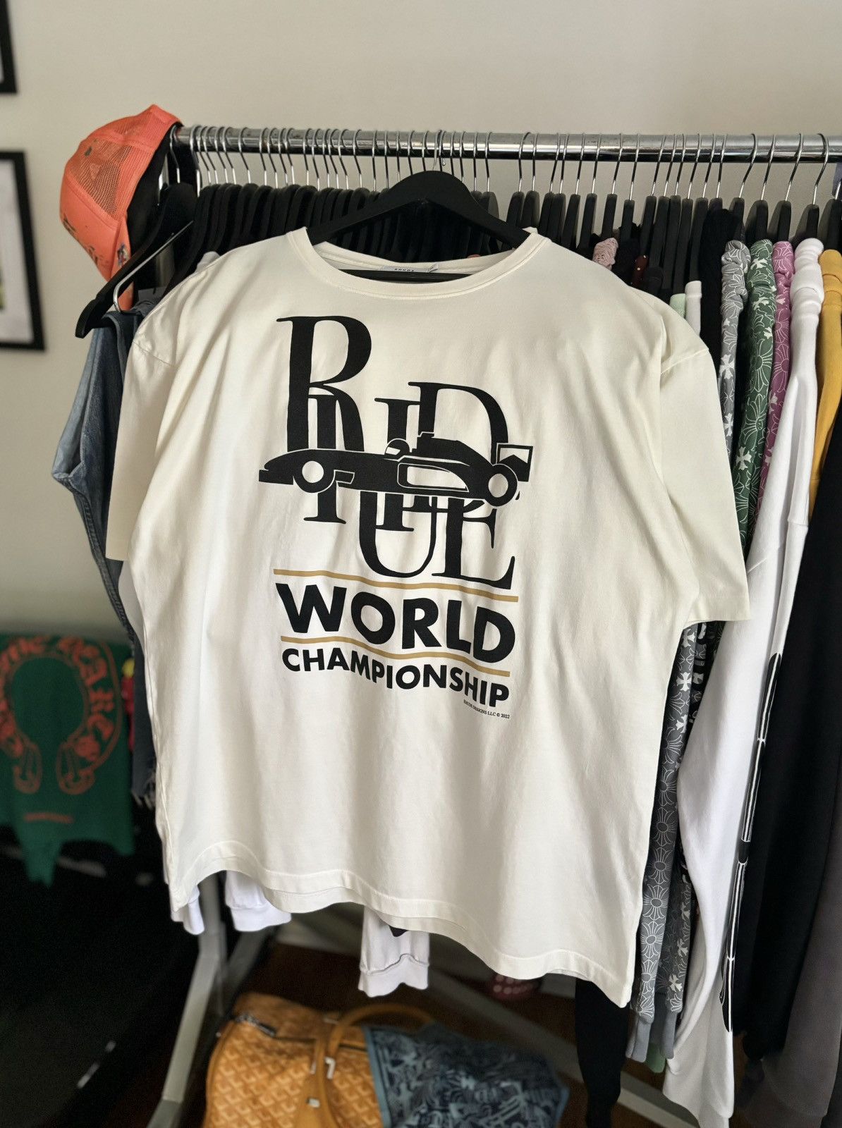 image of Rhude Miami F1 Racing Logo Tee in Cream, Men's (Size 2XL)