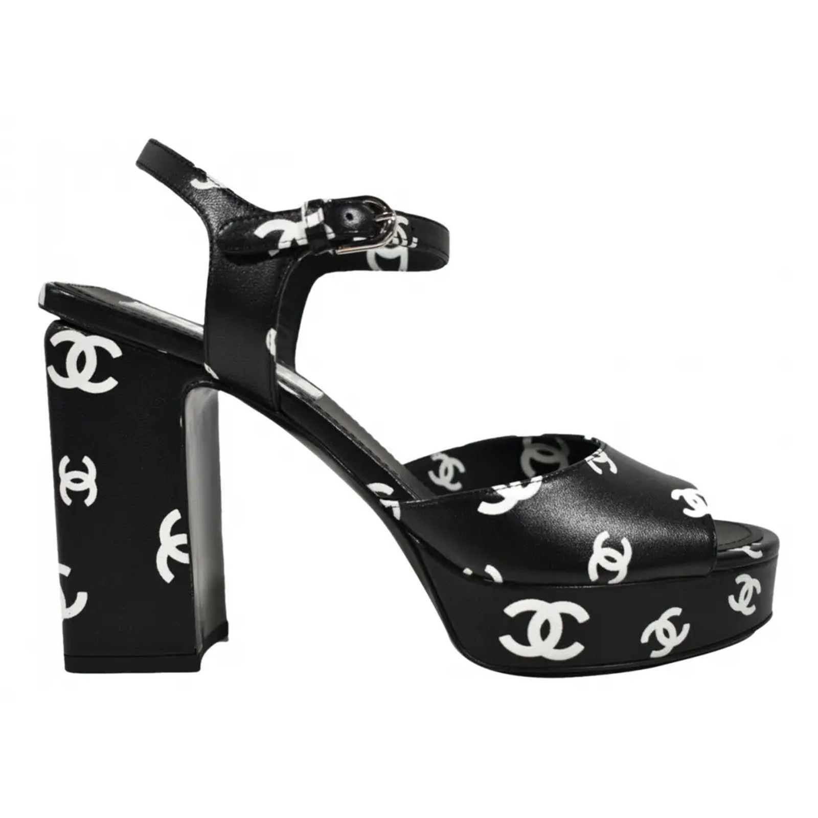 Chanel Chanel 22S Black White Lambskin CC Logo Platform Strap Size US 9 / IT 39 - 1 Thumbnail