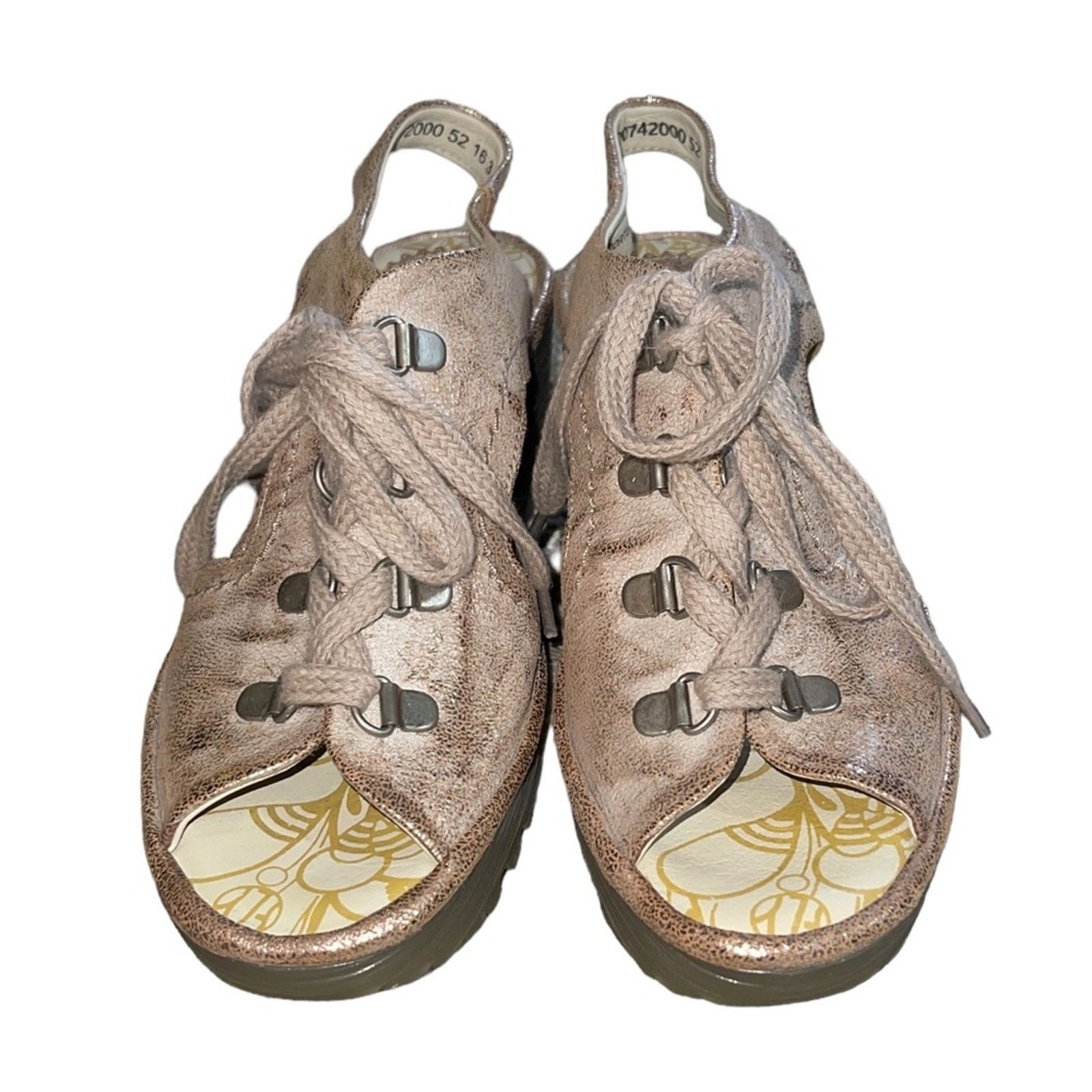 Fly London FLY London Ylfa Leather Lace Up Tan Gold Wedge Sandals Size US 7.5 / IT 37.5 - 3 Thumbnail