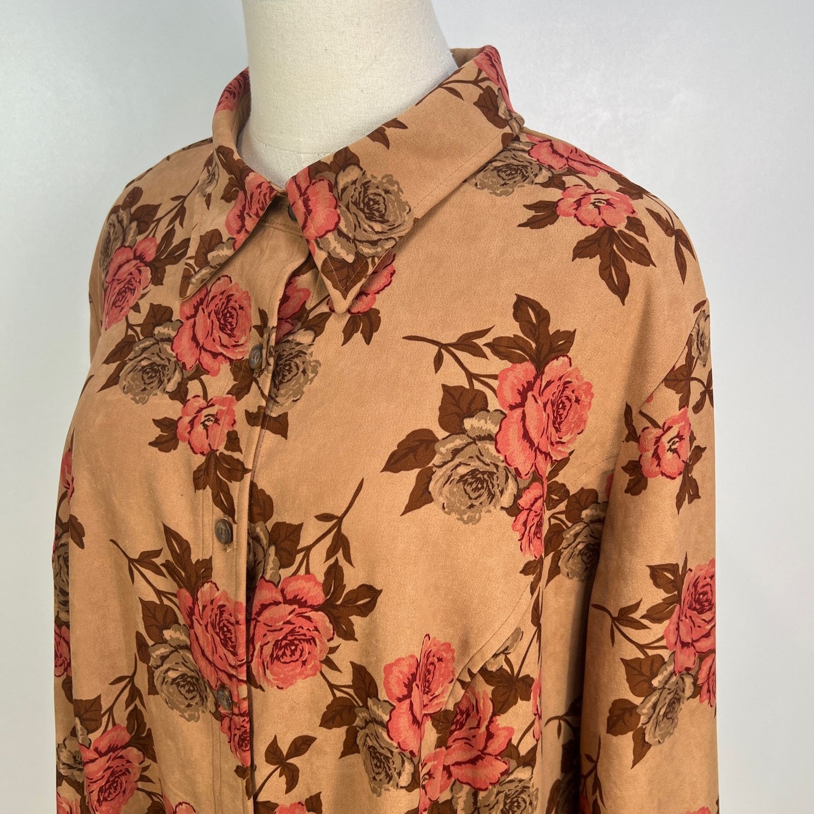 Other Rose Printed Button Up Shirt Long Sleeves Brown White Stage Size XXL / US 16-18 / IT 52-54 - 2 Thumbnail