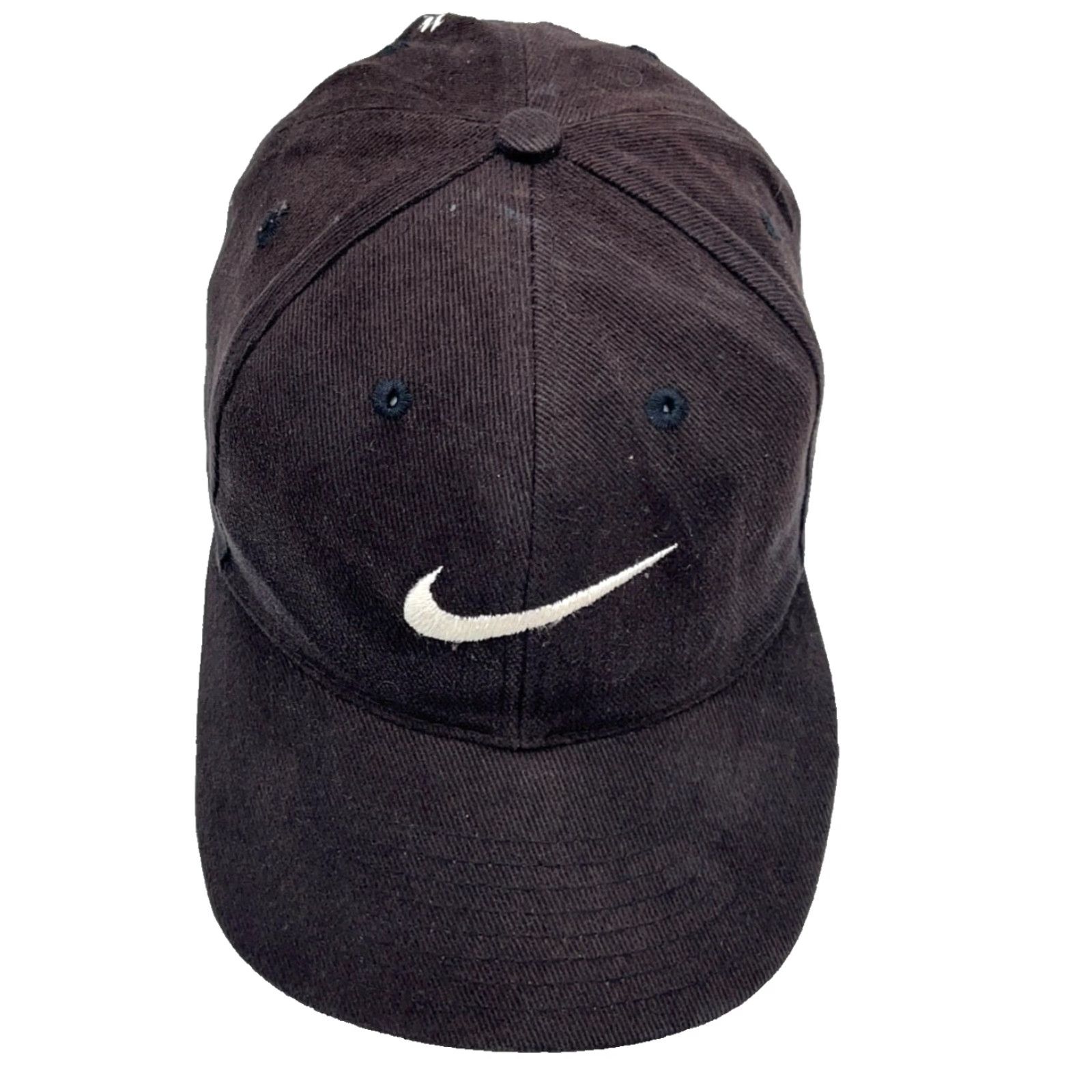 Nike VINTAGE Nike Hat Cap Snap Back Black Center Swoosh Script 80s 90s Worn Sun Faded Size ONE SIZE - 4 Thumbnail
