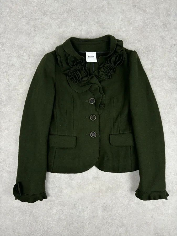 Moschino 2010s Moschino Olive Wool Ruffled Blazer Jacket Size S / US 4 / IT 40 - 4 Thumbnail