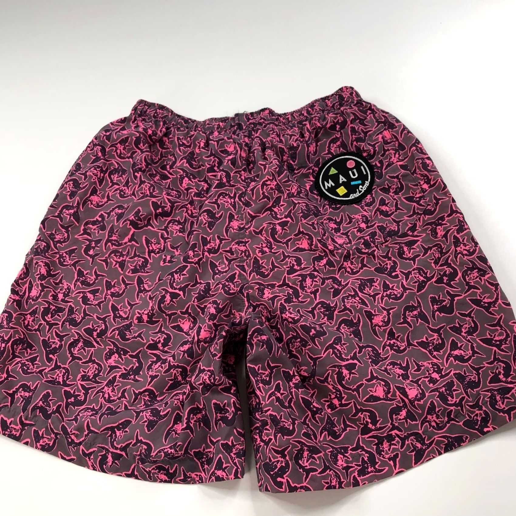 Vintage Maui & Sons Swim Trunk Shorts Brief 7" Gray Pink Shark Lined Men's M Regular Baggy? Size US 31 - 5 Thumbnail