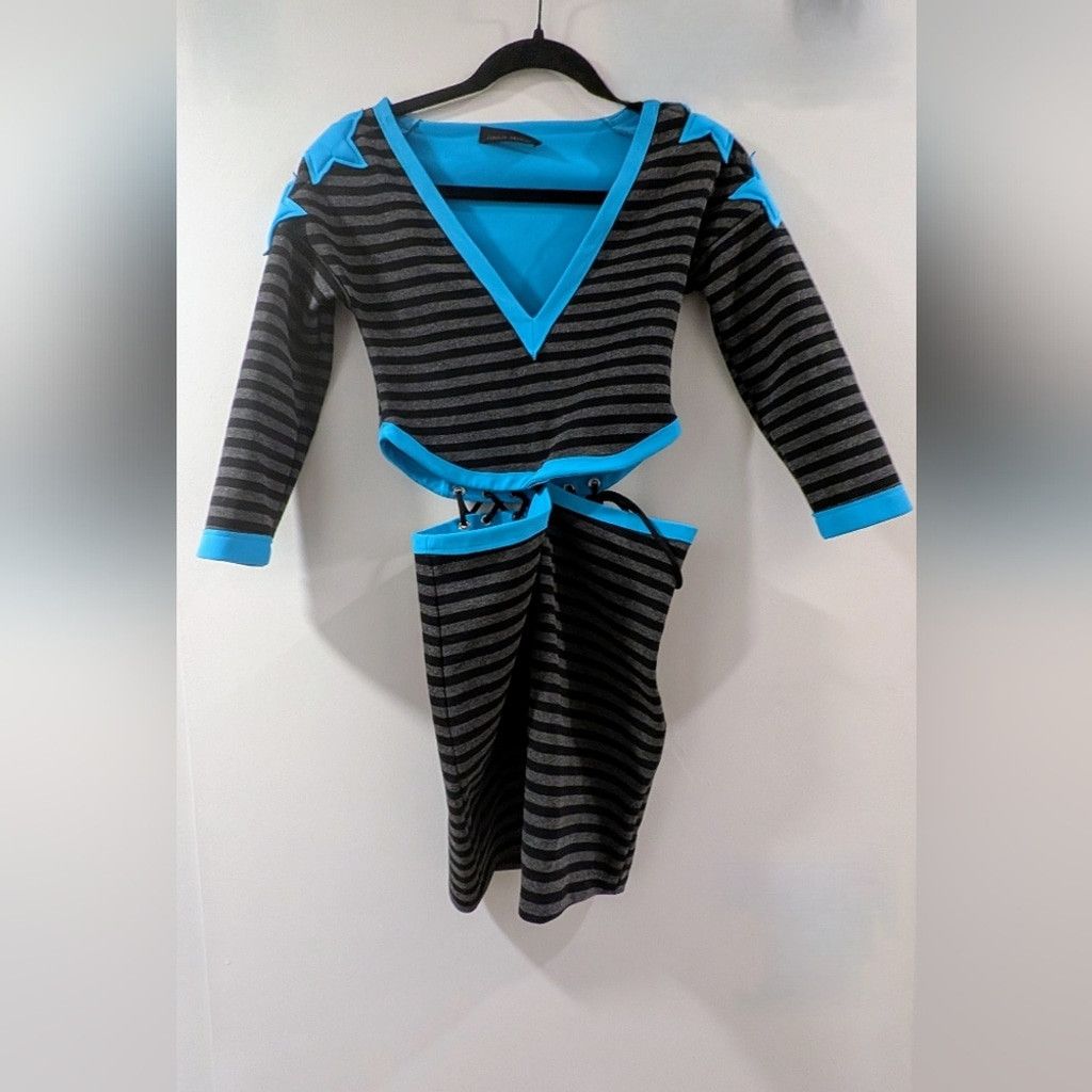 Frankie Morello Frankie Morello Black and Blue Bodycon Dress V-Neck Size XS / US 0-2 / IT 36-38 - 6 Thumbnail
