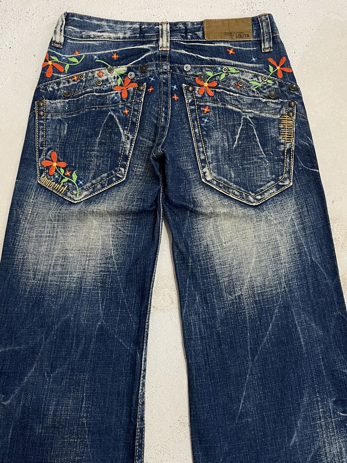 Designer Lolita Wide Leg Muddy Embroidery Studded Flare Denim Pants Size US 26 / EU 42 - 9 Thumbnail