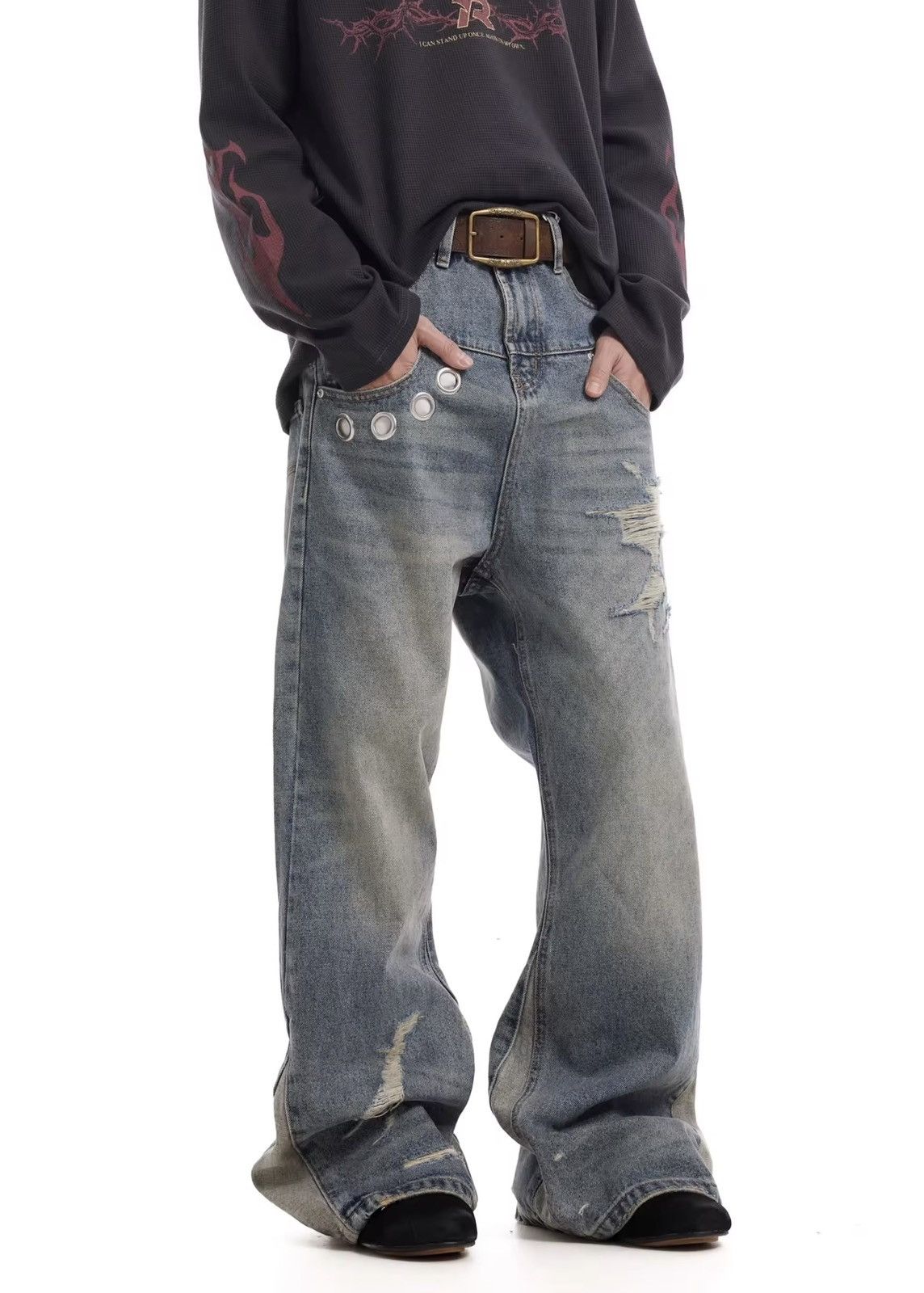 Jean Vintage Washed Distressed Splicing Flared Jeans Size US 30 / EU 46 - 1 Thumbnail