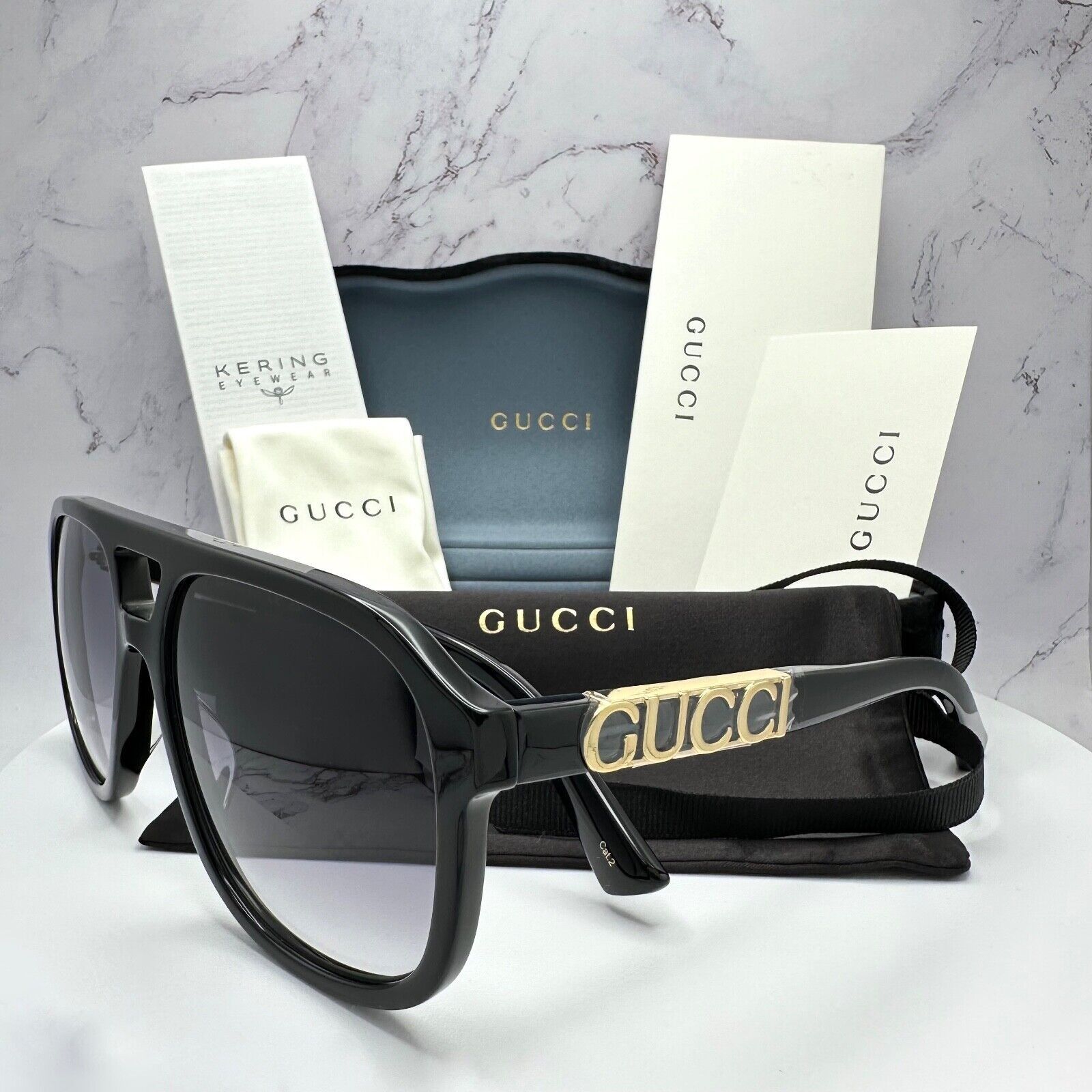 New Gucci Sunglasses Black Pilot Aviator 58mm Navigator Gold