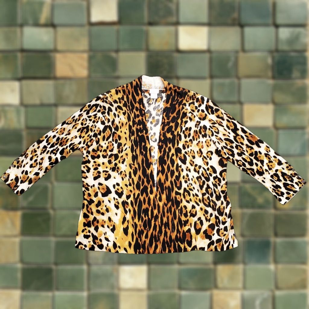 Vintage Chicos Womens Sweater Cardigan Open Front Knit Gold Cat Print Sz 1 US 8 Regular Shirt Womens Mens Girls Boys Size XS / US 0-2 / IT 36-38 - 1 Thumbnail