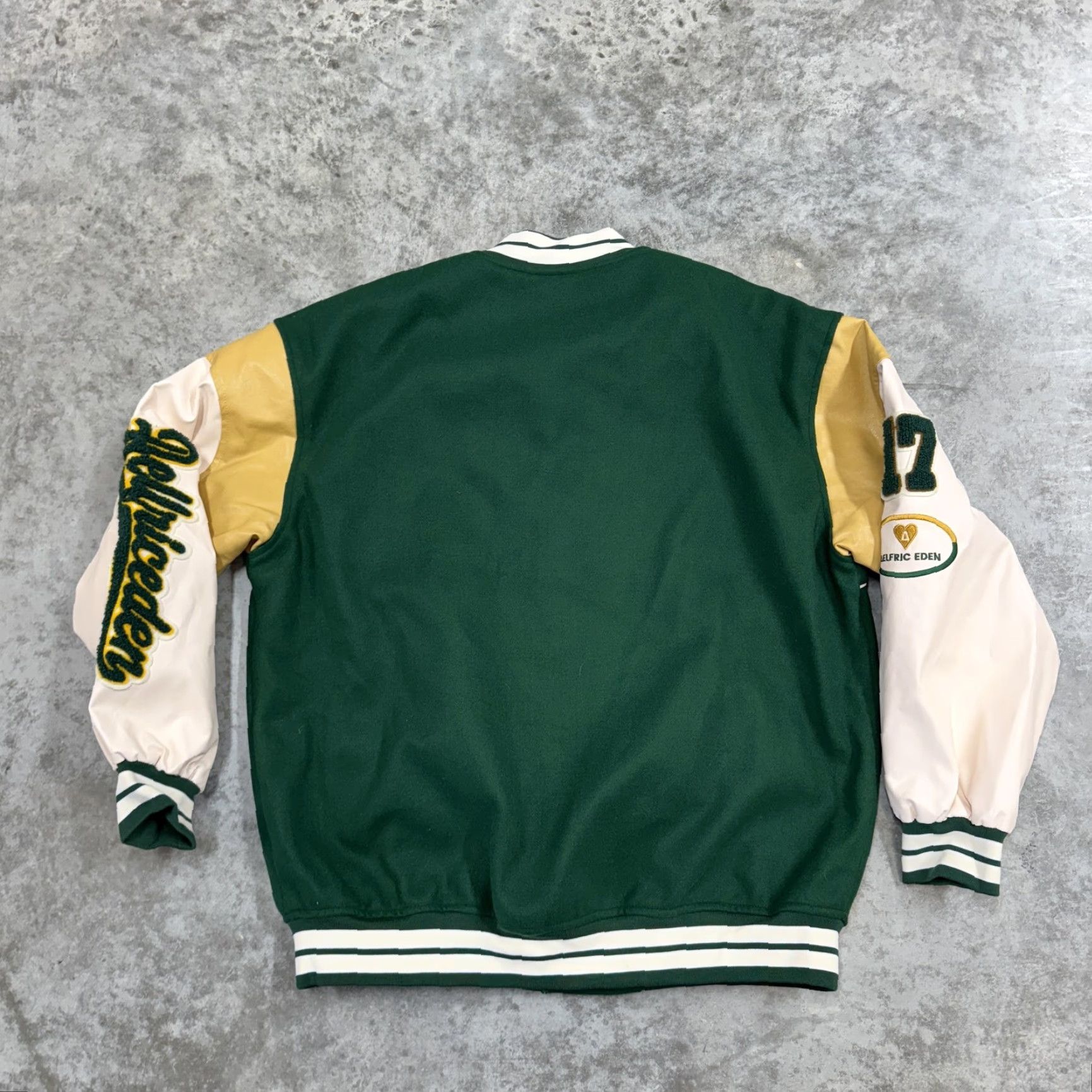 Vintage Aelfric Eden Jacket Mens Large Green White Varsity Snap Front Patch Embroidered Logo Pockets Collared Lined polyester Sports College Casual) Size US L / EU 52-54 / 3 - 7 Thumbnail