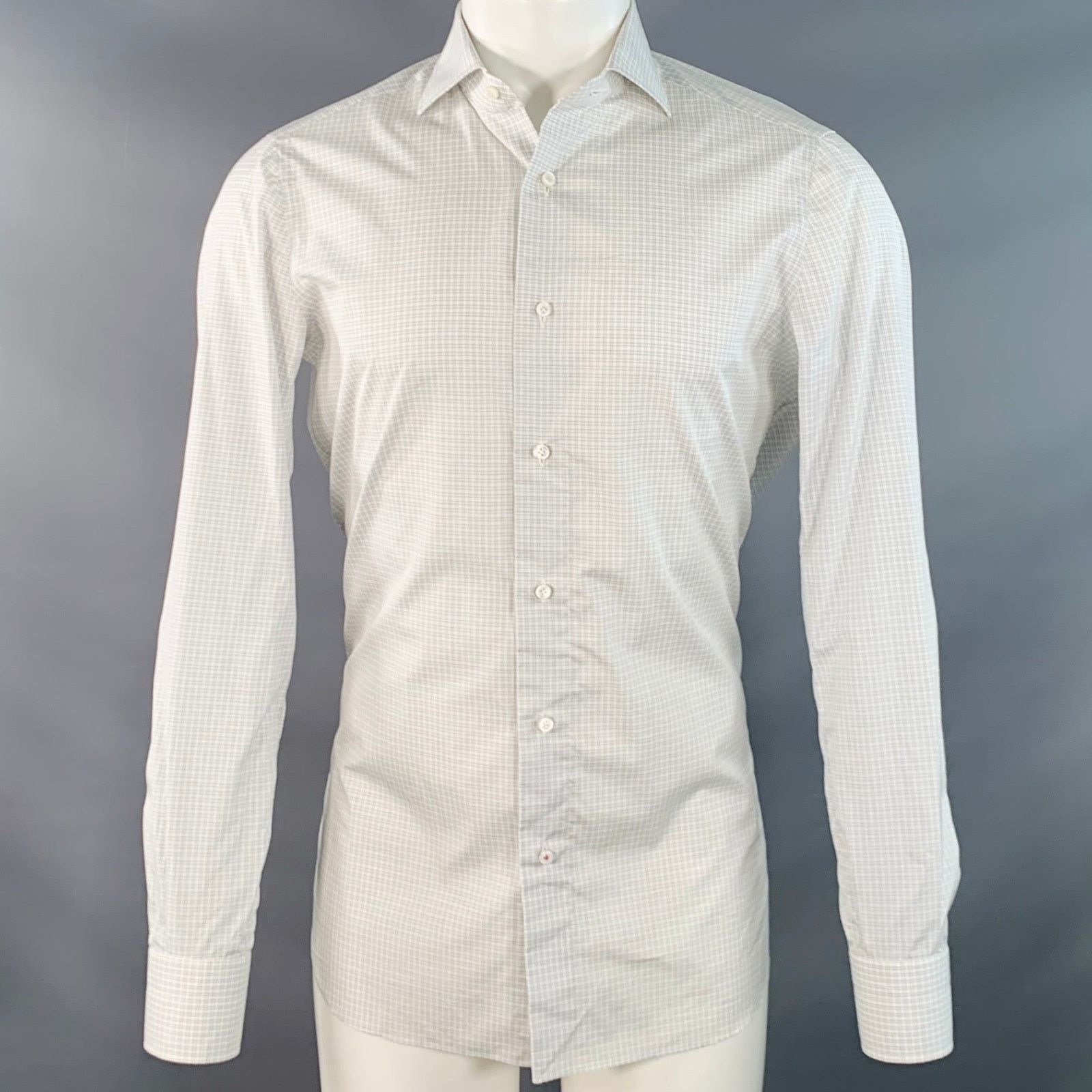 Isaia White Grey Checkered Cotton Spread Collar Long Sleeve Shirt Size US S / EU 44-46 / 1 - 1 Thumbnail