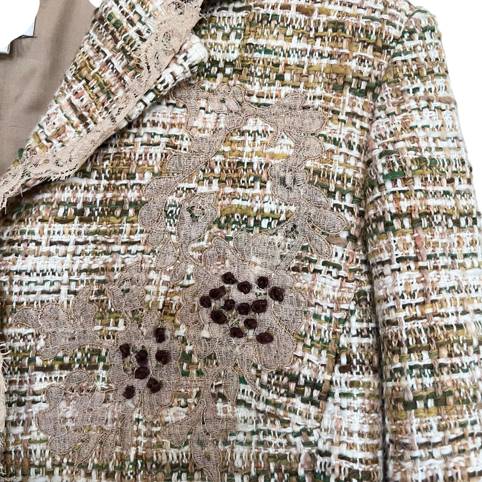 Other Vintage Rickie Freeman Teri Jon Beige Green Tweed Lace Trim Size 34" / US 12 / IT 48 - 7 Thumbnail