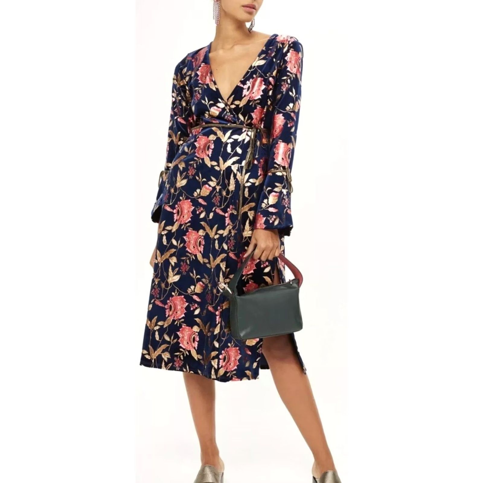 Topshop Topshop Womens Midi Wrap Dress Navy 8 UK Velvet Floral Foil Floral Dress Wrap, V-Neck, Long Sleeve, Party/Cocktail, Regular, Blue, Womens, 8 UK Size M / US 6-8 / IT 42-44 - 2 Thumbnail
