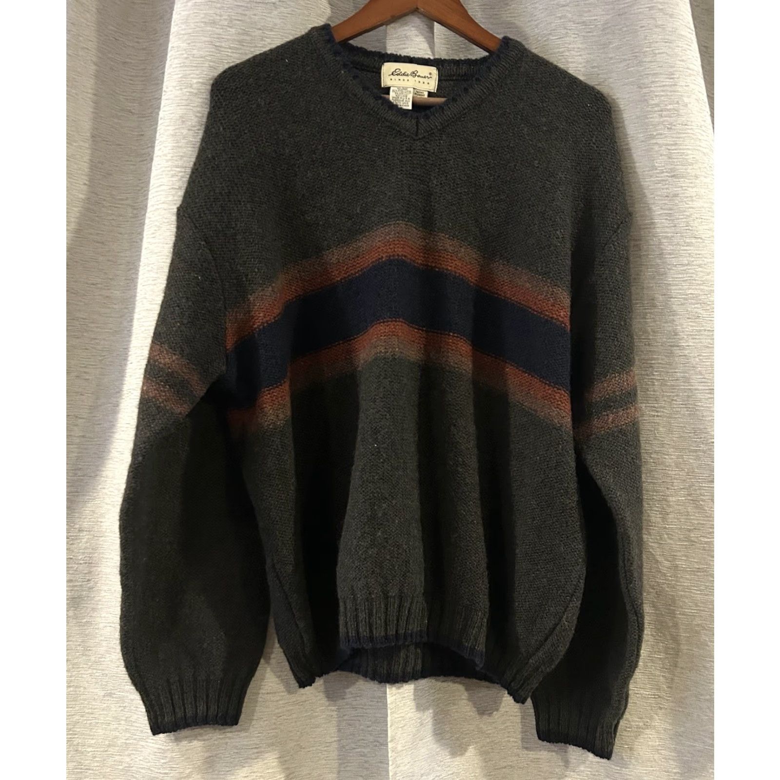 Eddie Bauer VINTAGE Eddie Bauer Sweater Mens L Wool Blend Green W/ Stripe Thick Knit USA Made Pullover Knit Long Sleeve V-Neck Mens Size US L / EU 52-54 / 3 - 2 Thumbnail