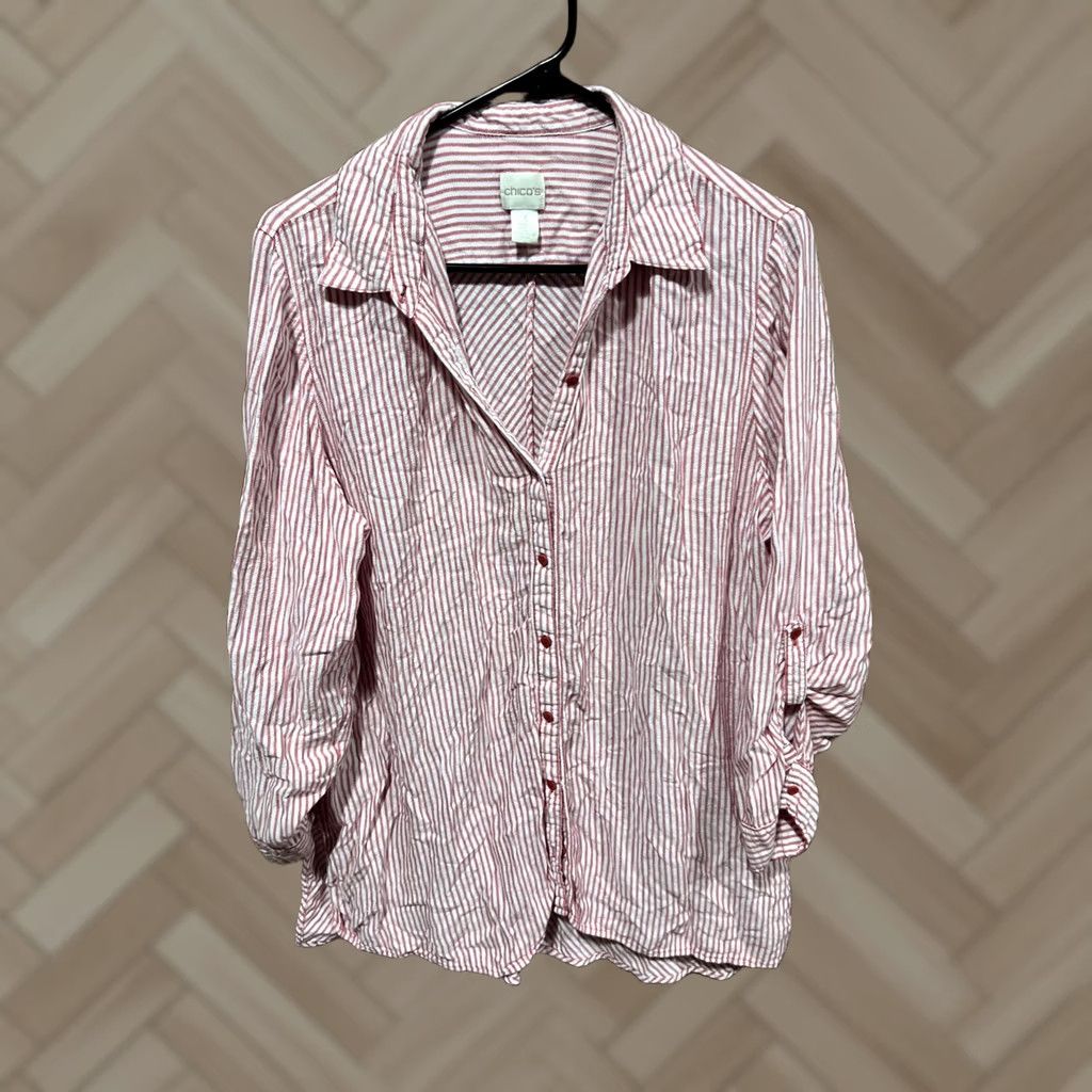 Vintage Chicos Button-Up Blouse Long Sleeve Red White Stripes Viscose Size 3 Womens Shirt Regular Womens Size XS / US 0-2 / IT 36-38 - 1 Thumbnail
