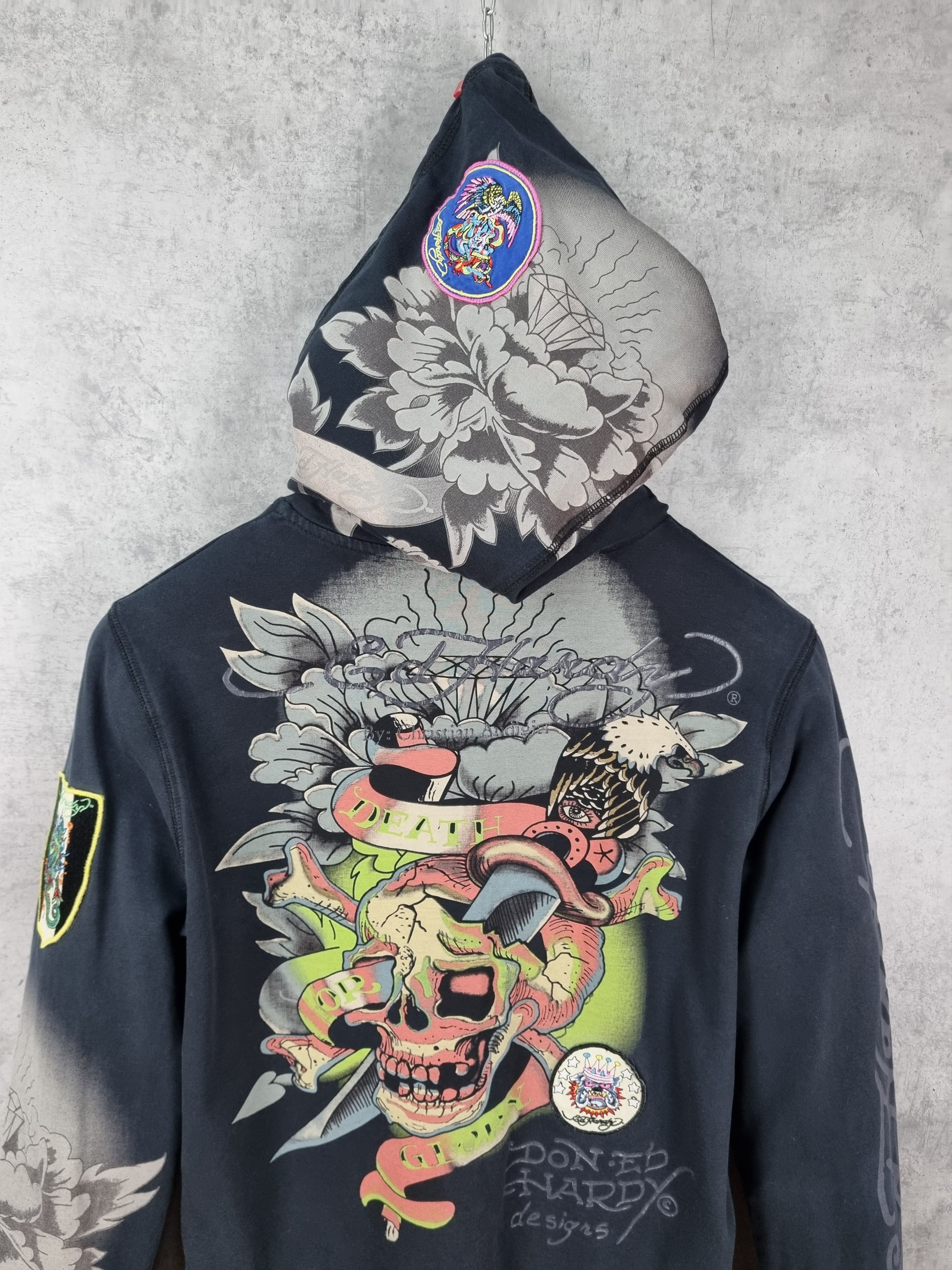 Christian Audigier × Ed Hardy Ed Hardy Embroidered Patches Faded Zipped Hoodie Size L / US 10 / IT 46 - 11 Thumbnail