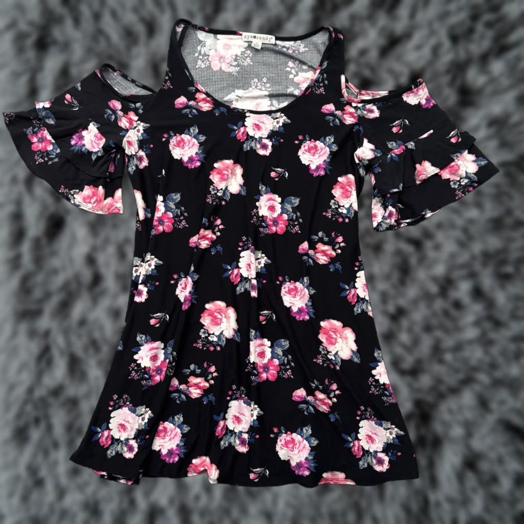 Vintage Flowers Boho Dress 2X Plus Size Cold Shoulder Ruffle Sleeve Knee Length Floral Swing Women Size XXL / US 16-18 / IT 52-54 - 1 Thumbnail