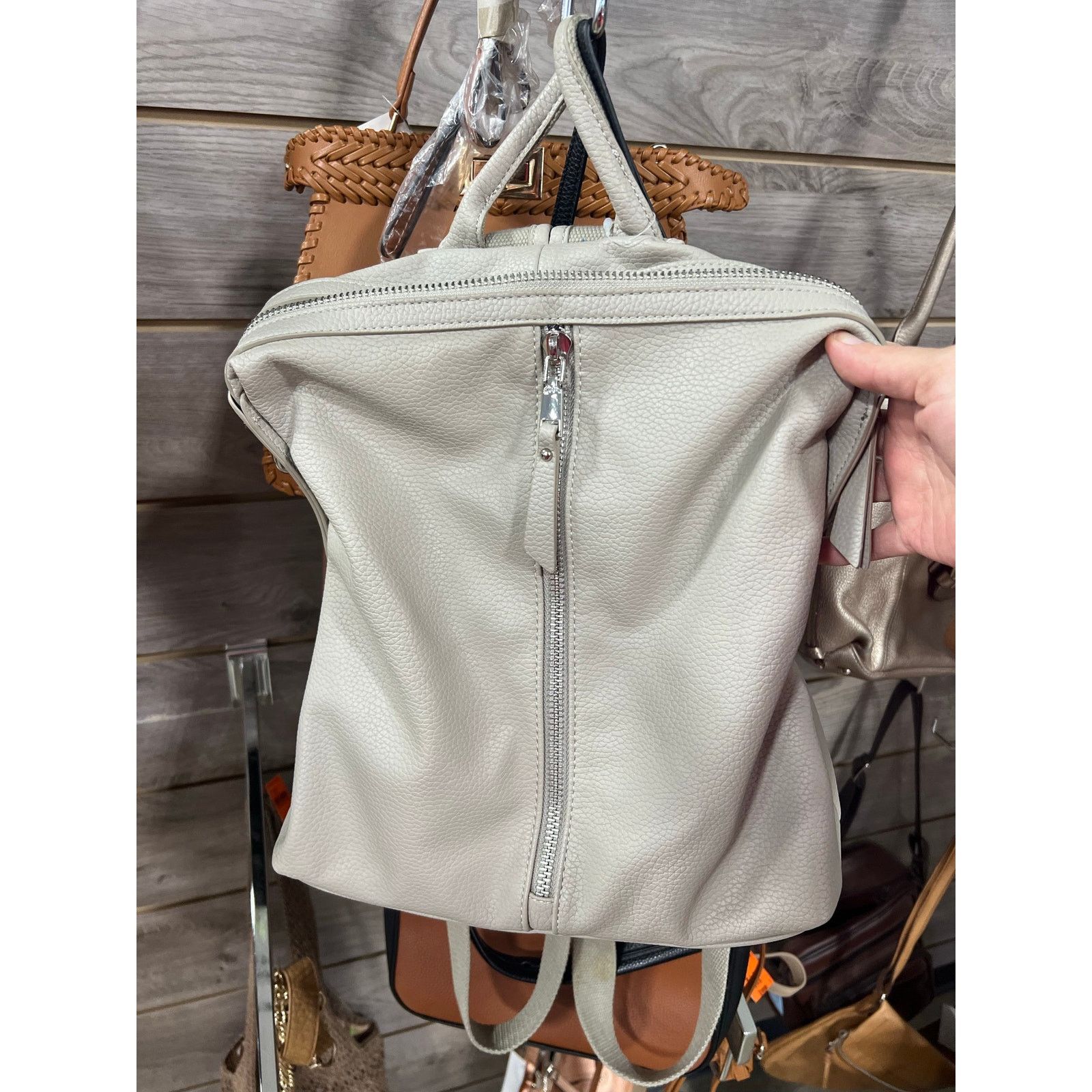 Urban Expressions Black Leather Mini Backpack Crossbody with Silver Zippers Urban Expressions Cream Vegan Leather Backpack Purse Bag main image 2