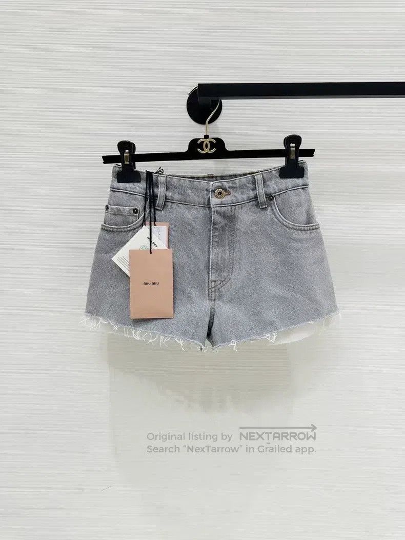 Miu Miu 25 Grey denim shorts with edged hem