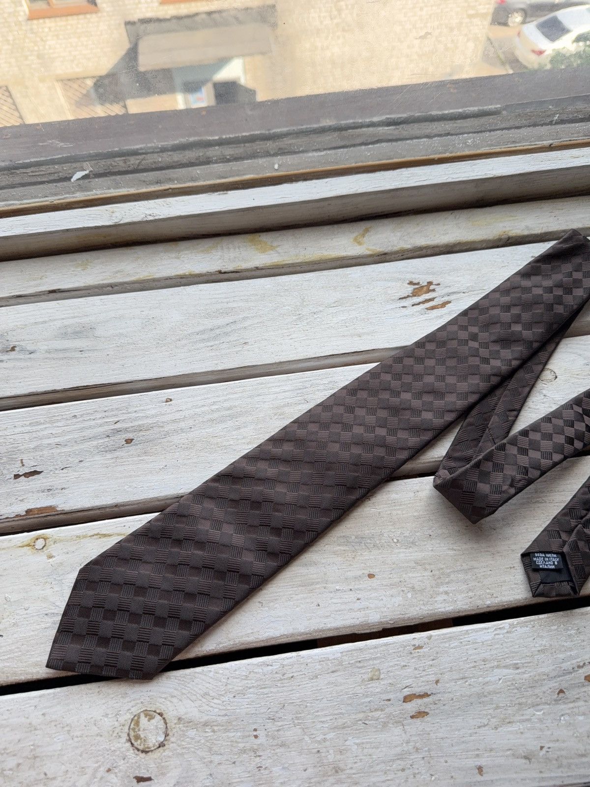 Designer × Hugo Boss Hugo Boss Brown Geometric Silk Tie Checkered Pattern Size ONE SIZE - 2 Thumbnail
