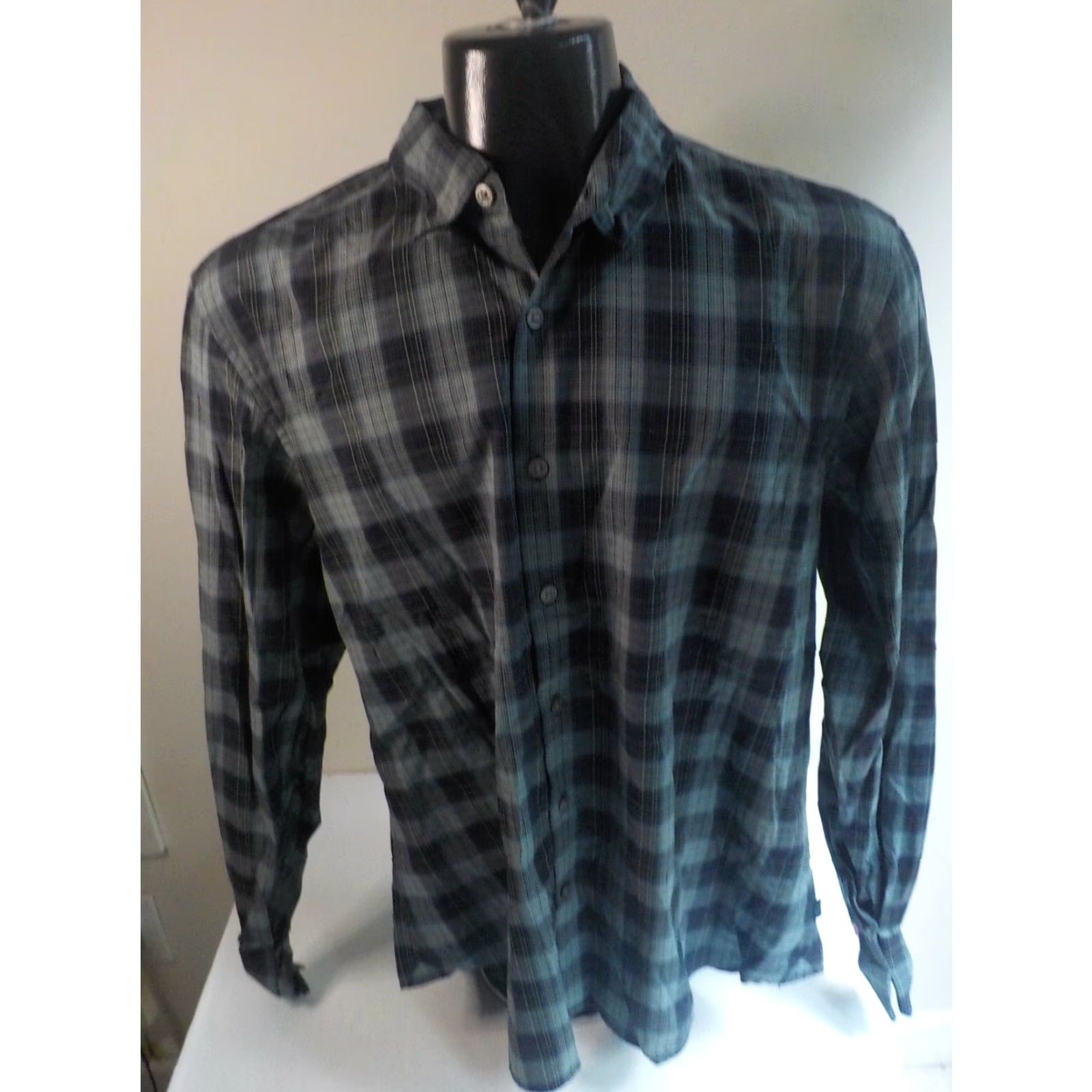 John Varvatos John Varvatos USA Button-Front Shirt Navy Grey Black XL Cotton Plaid Checks Men Size US XL / EU 56 / 4 - 2 Thumbnail